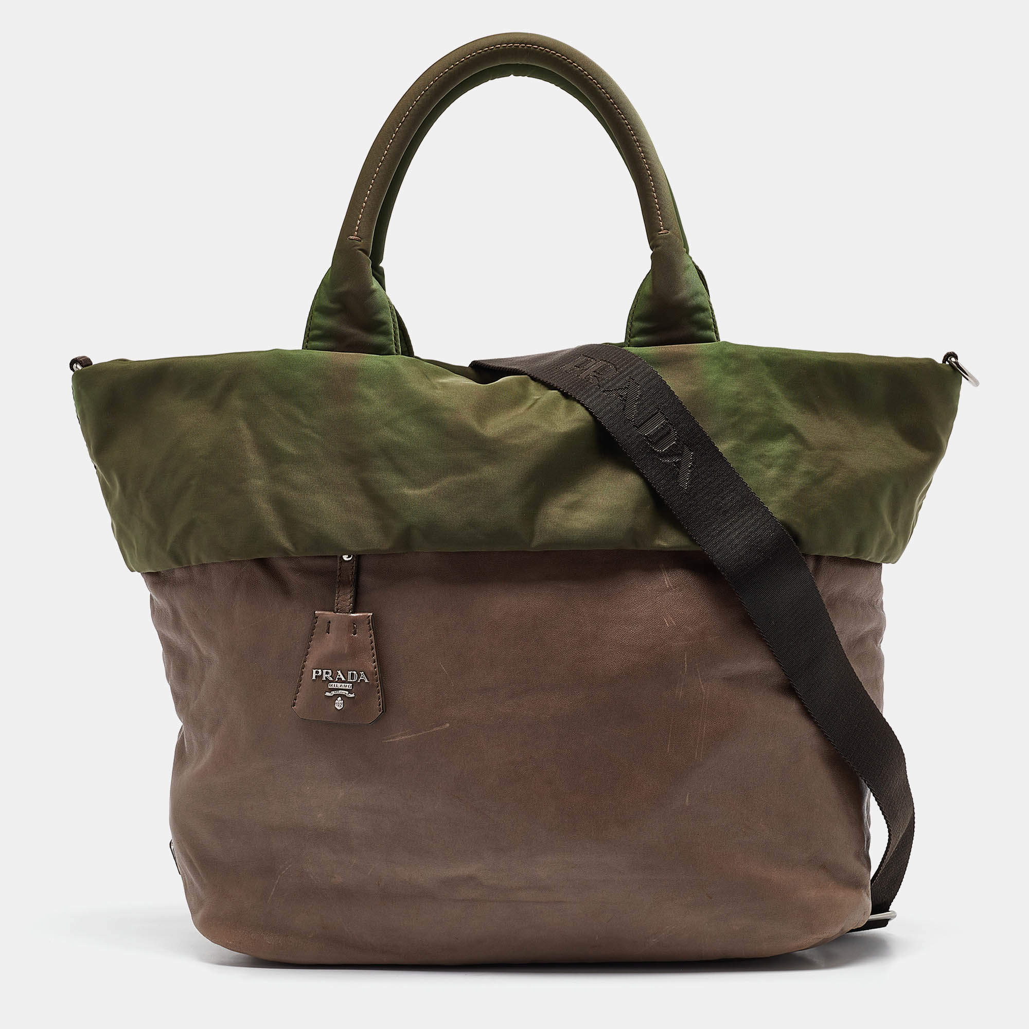 Pre Owned Prada Dark Beige Leather Vertical Tote