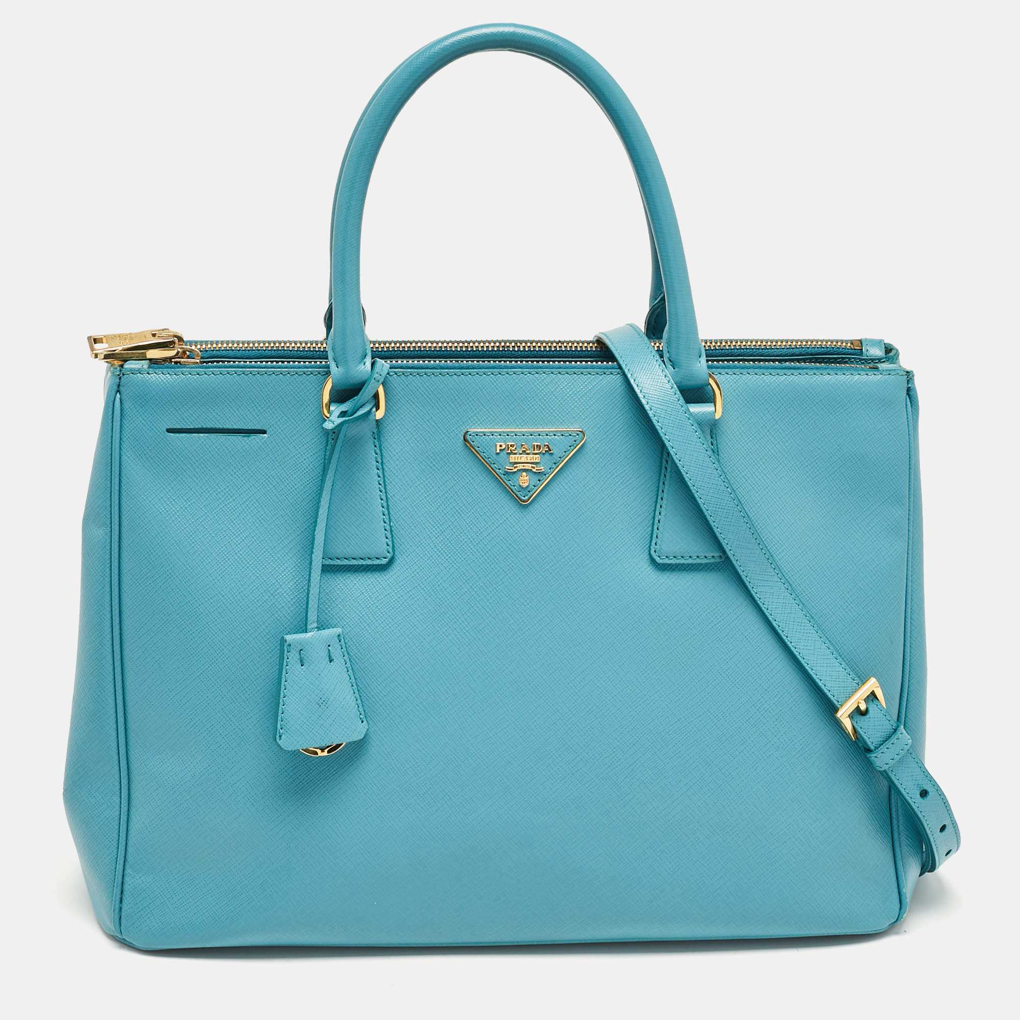 Prada Turquoise Saffiano Leather Medium Double Zip Tote