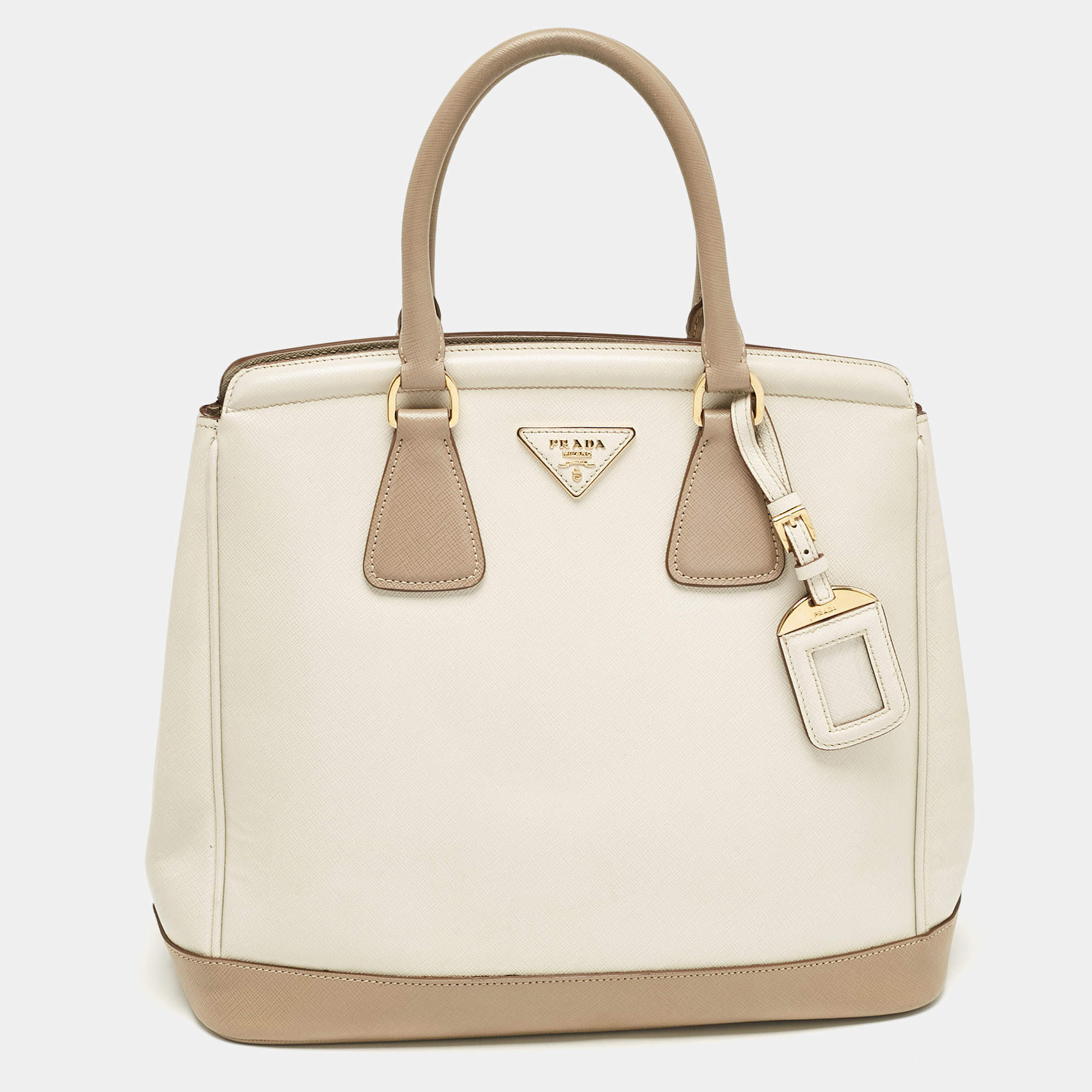 مملوكة مسبقًا Prada White/Khaki Saffiano Leather Parabole Tote