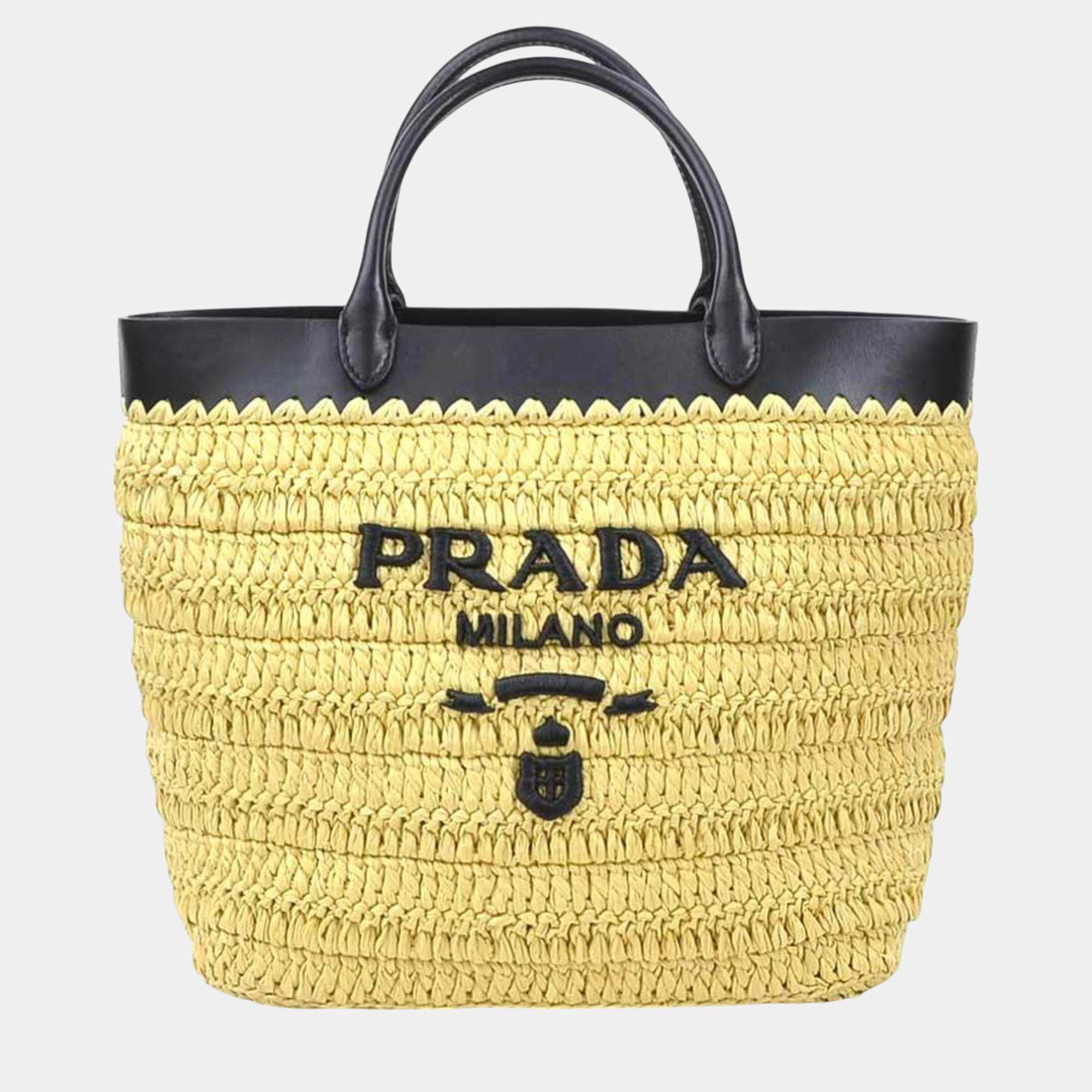 Prada Small Crochet x Leather Rayon Natural Black Handbag