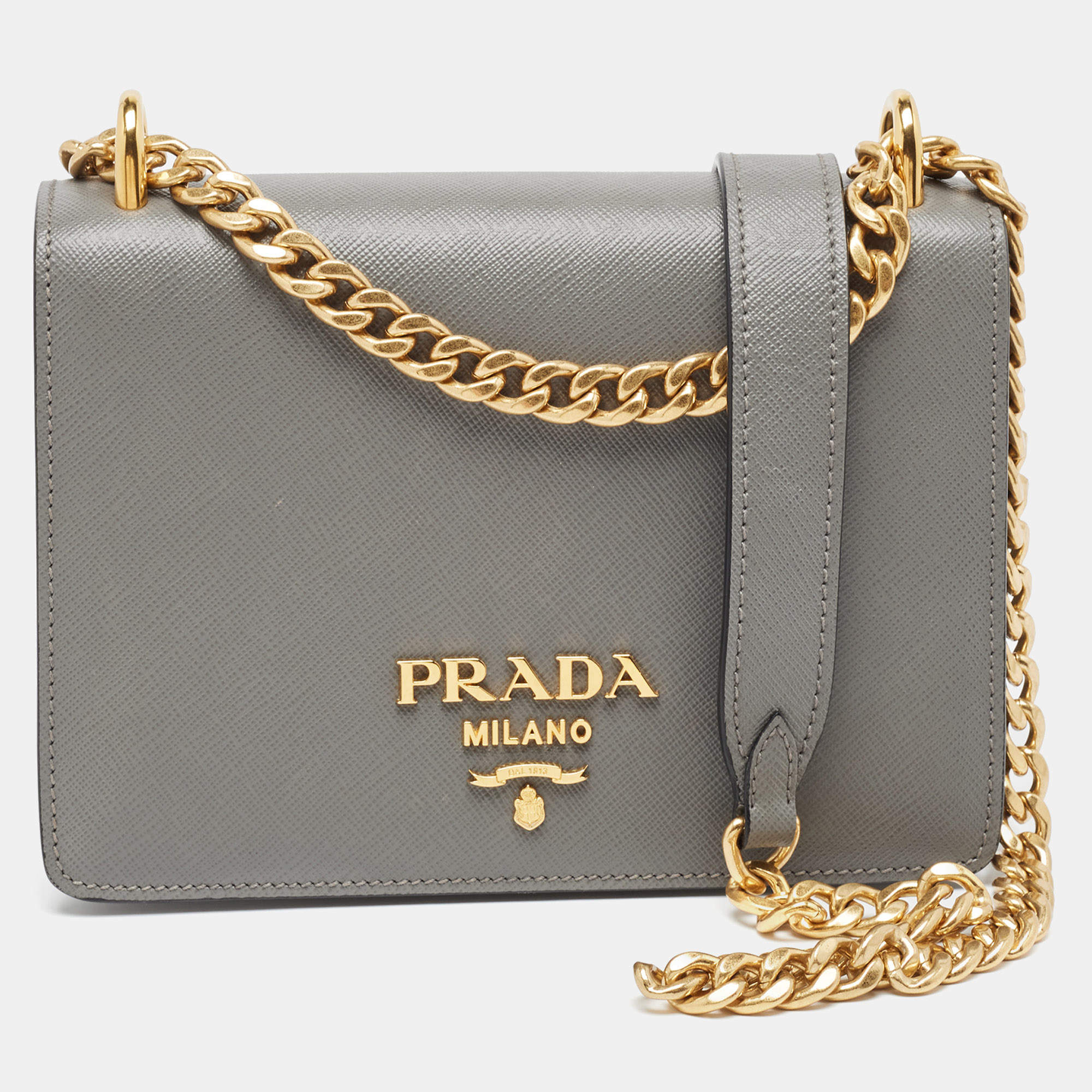 Pre Owned Prada Grey Saffiano Leather Logo Flap Crossbody Bag
