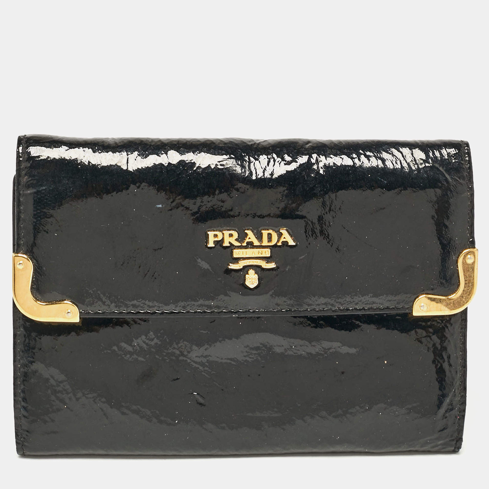 Prada Black Patent Leather Trifold Wallet