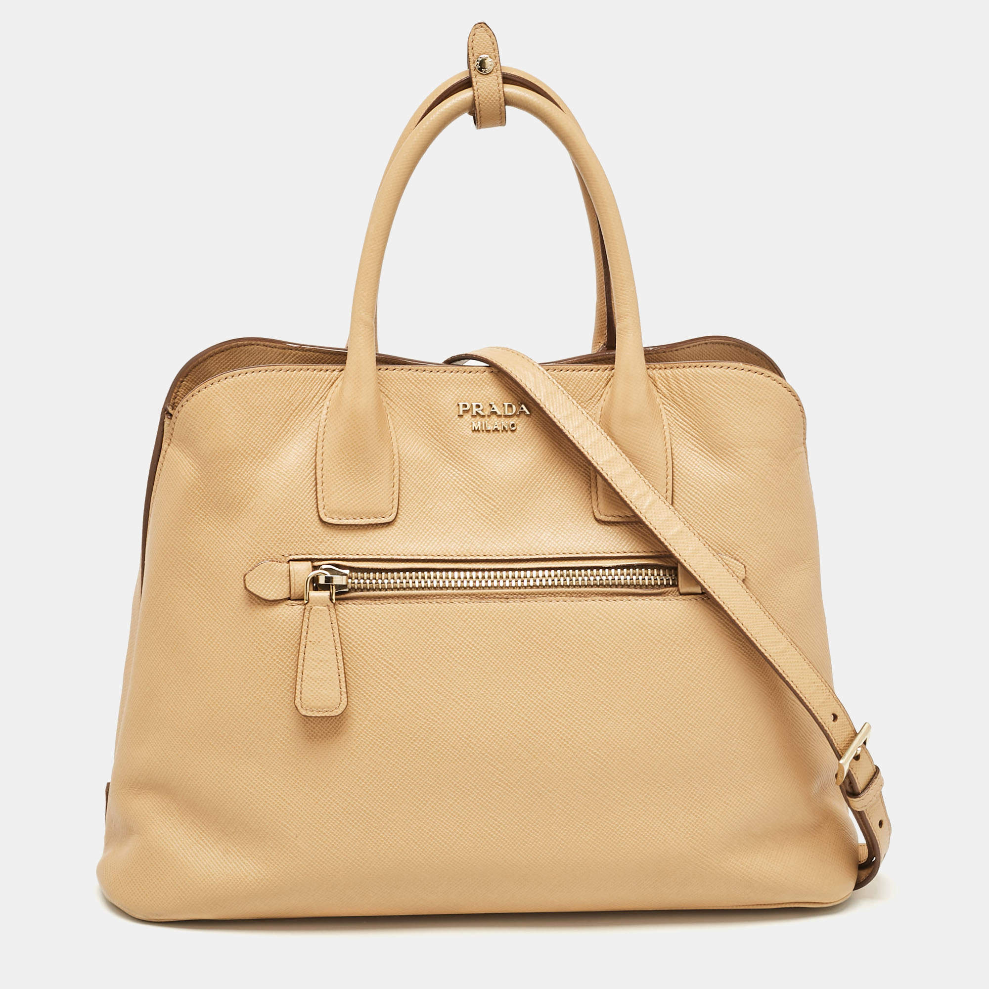 Prada Tan Saffiano Cuir Leather Open Promenade Satchel