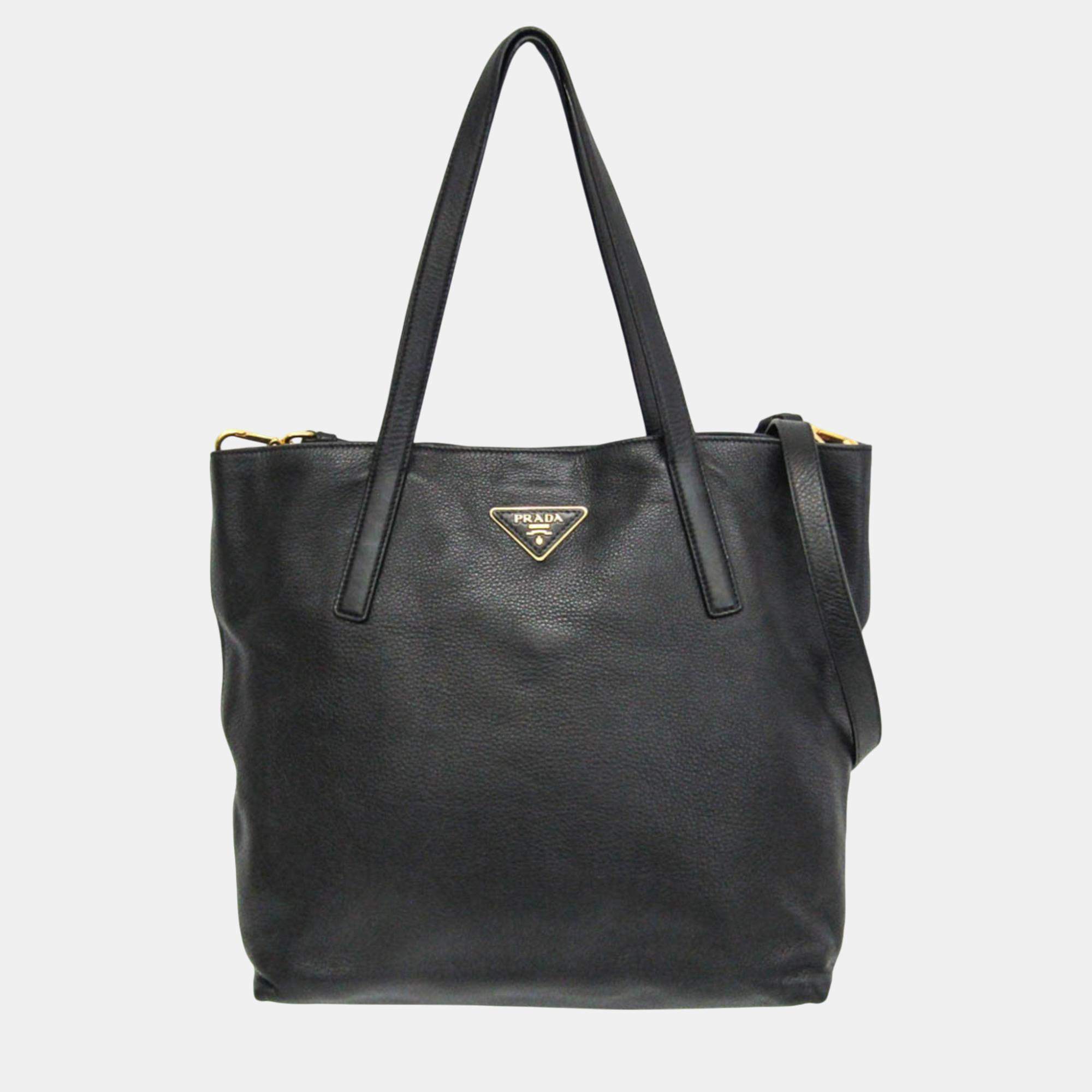 Prada Black Triangle Logo Leather Shoulder Bag