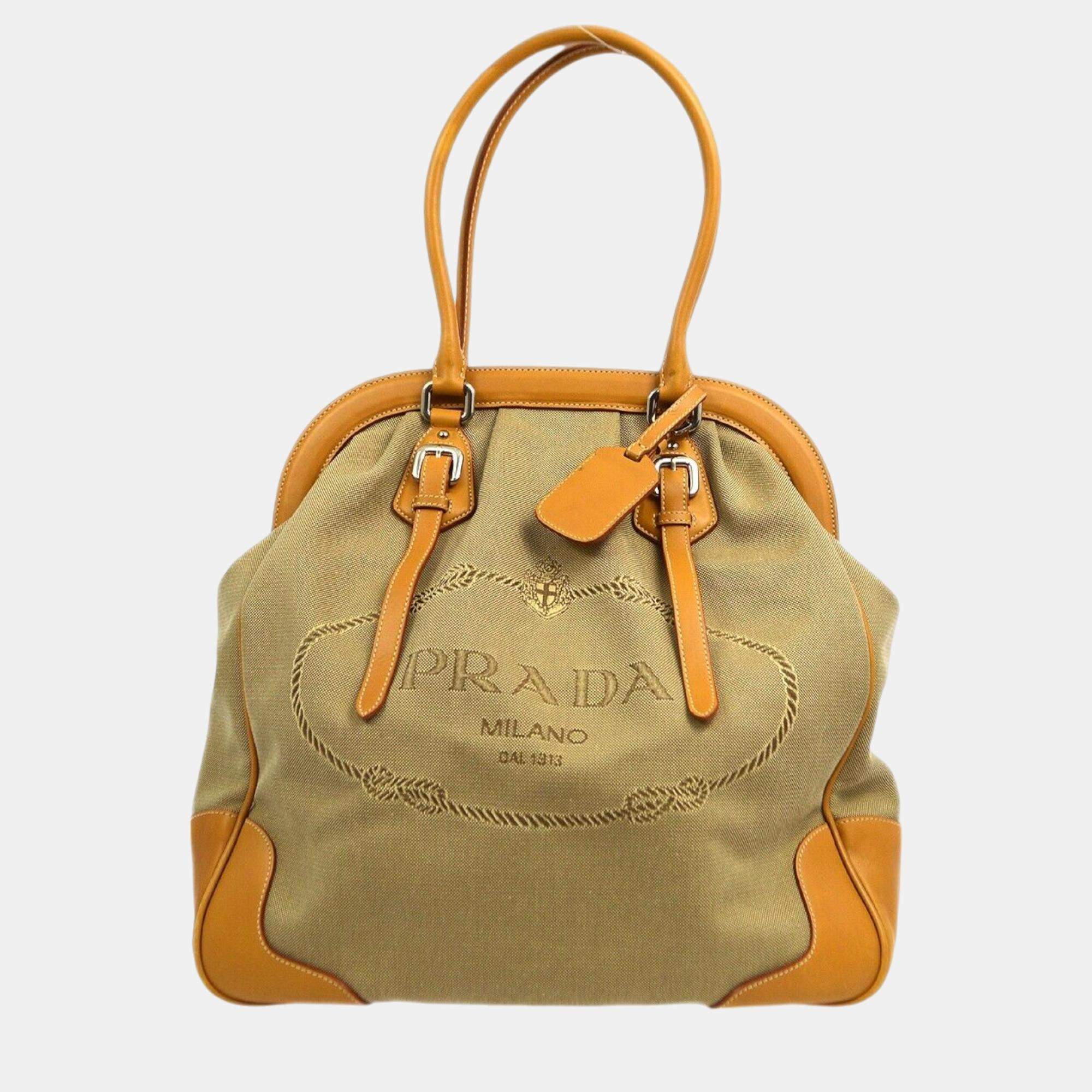 Prada Beige Canvas Logo Jacquard Tote Handbag