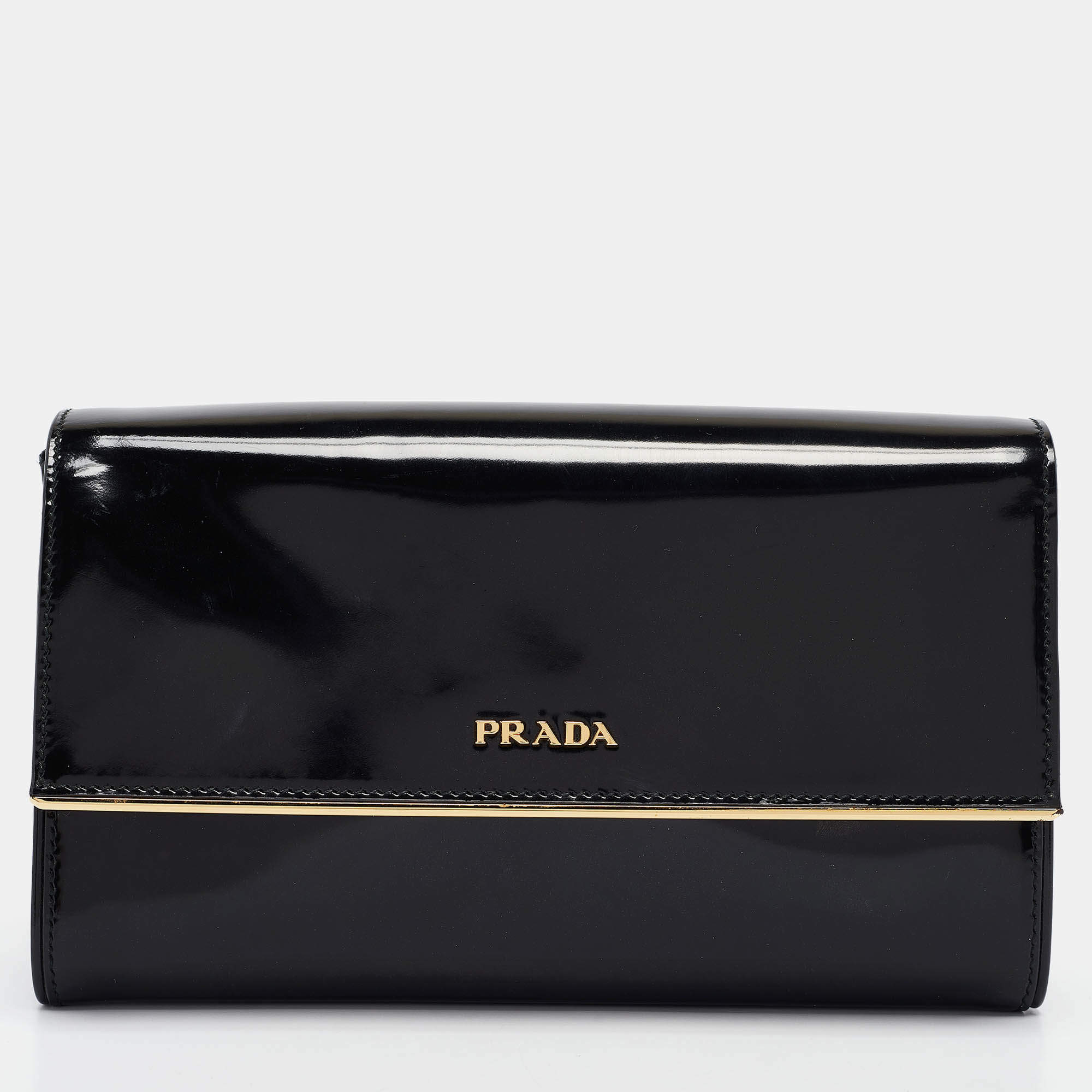 Prada Black Patent Leather Metal Flap Clutch