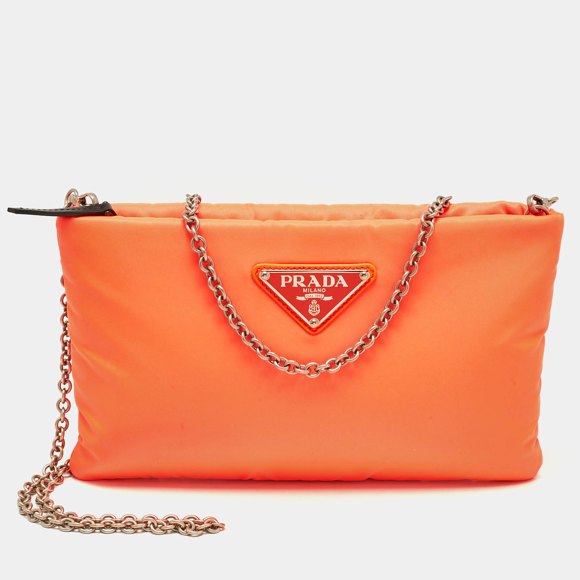 Prada Neon Orange Nylon Chain Clutch