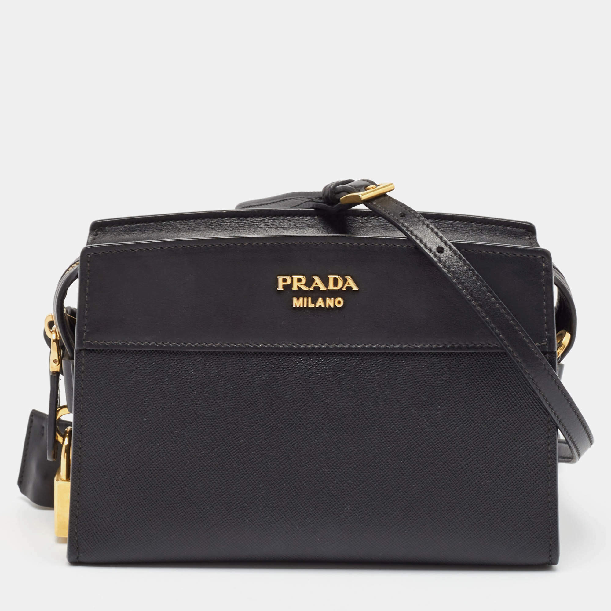 Pre Owned Prada Black City Calf and Saffiano Leather Esplanade Crossbody Bag
