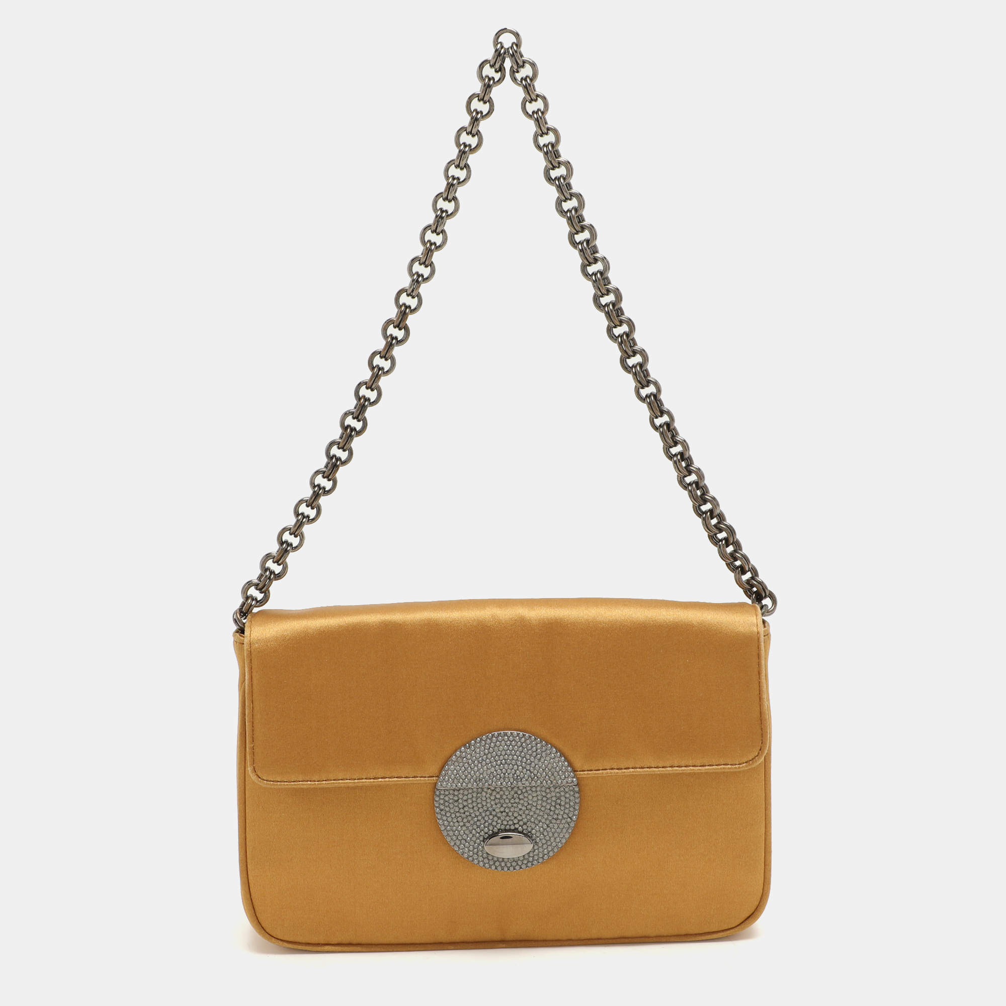 Pre Owned Prada Gold Satin Chain Baguette Shoulder Bag