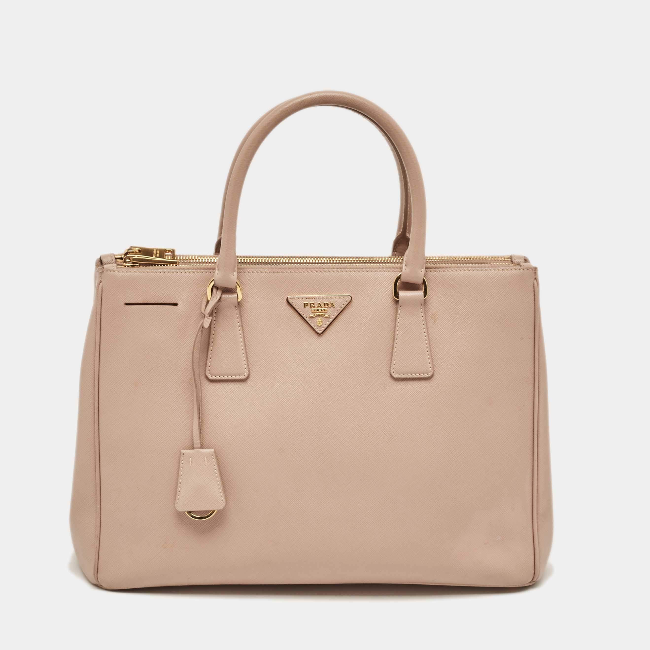 Prada Dusty Pink Saffiano Lux Leather Medium Double Zip Tote