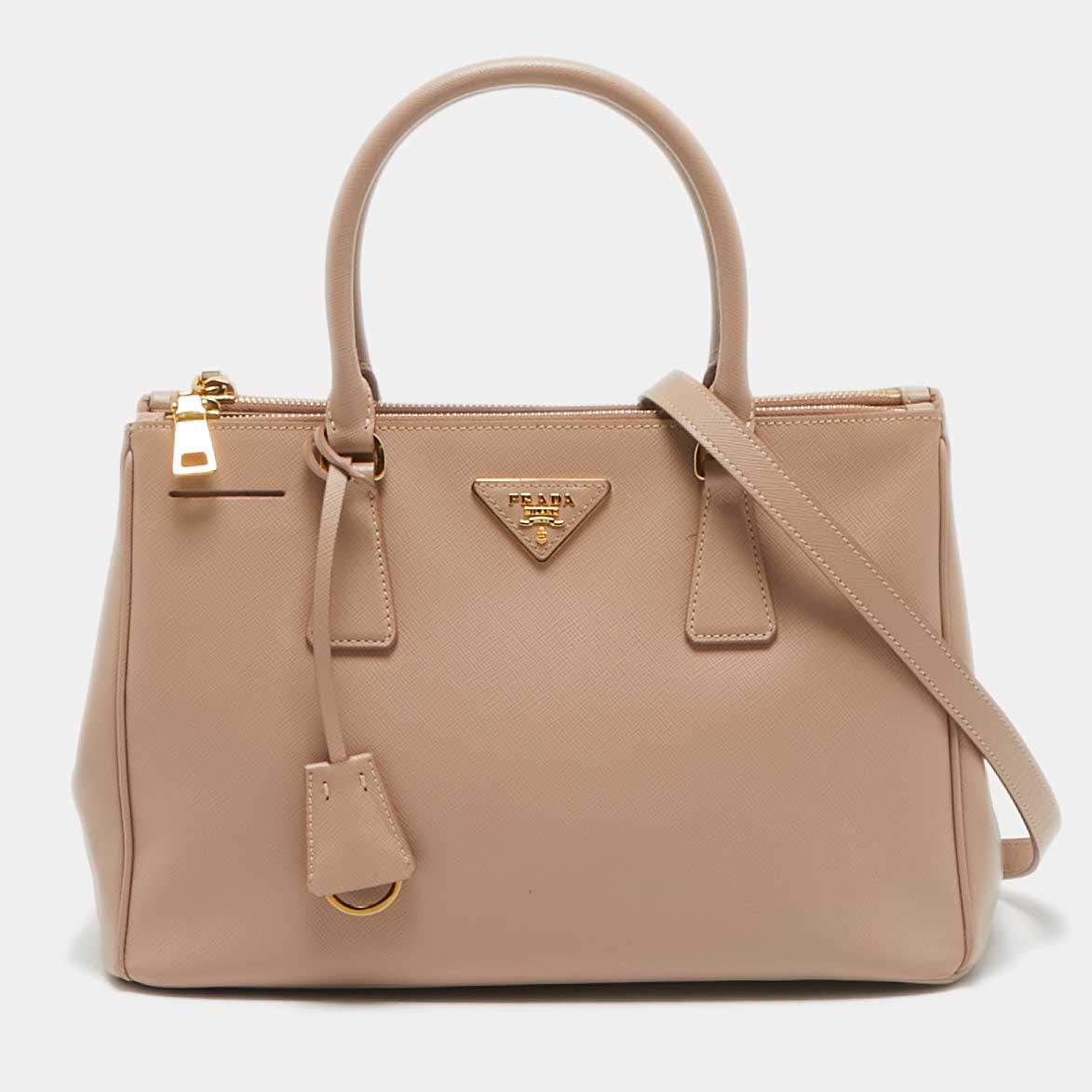 Prada Nude Saffiano Leather Small Double Zip Tote