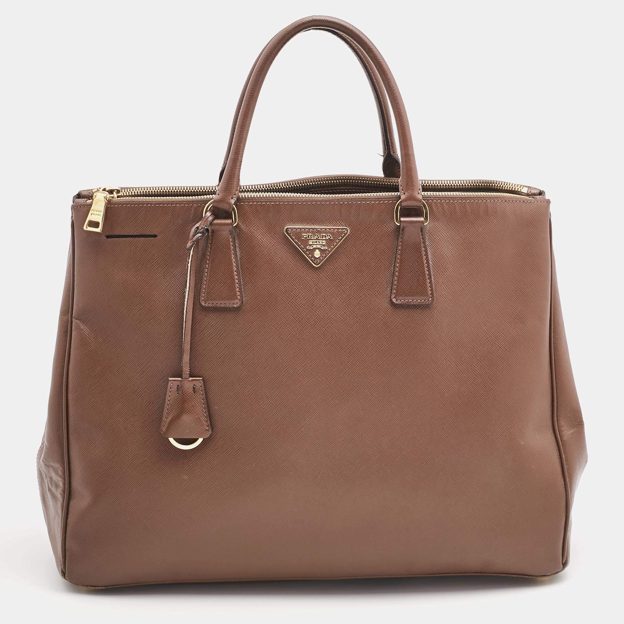 Pre Owned Prada Brown Saffiano Lux Leather Executive Galleria Double Zip Tote