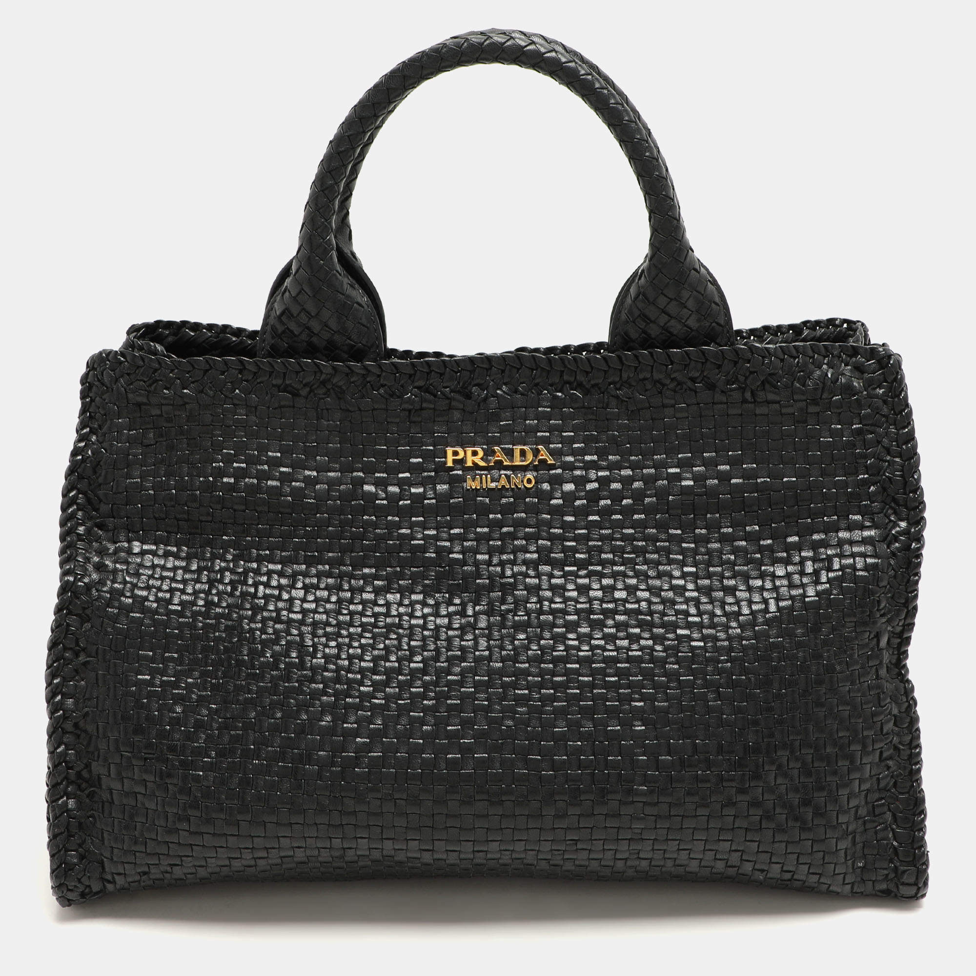 Pre Owned Prada Black Woven Leather Madras Tote