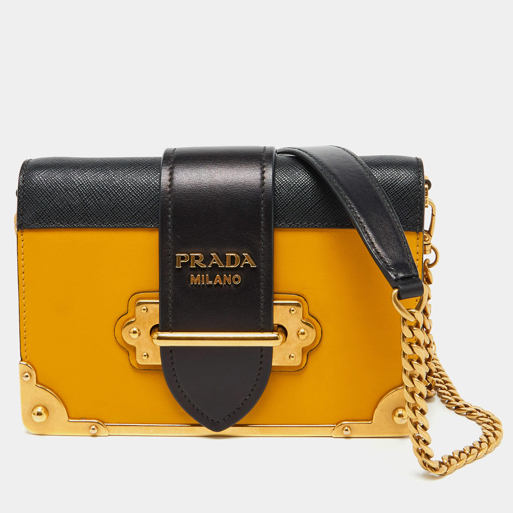 Pre Owned Prada Yellow/Black Leather Cahier Flap Shoulder Bag