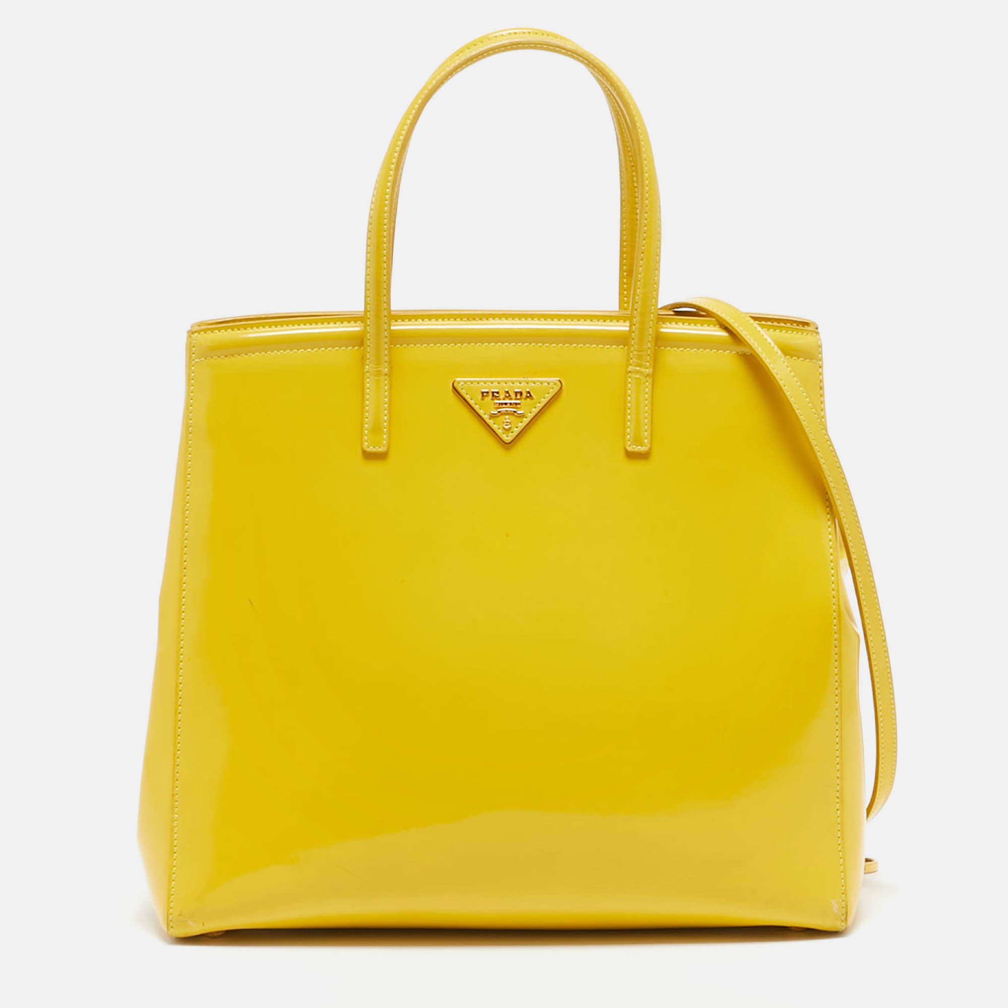 Pre Owned Prada Yellow Patent Leather Parabole Tote