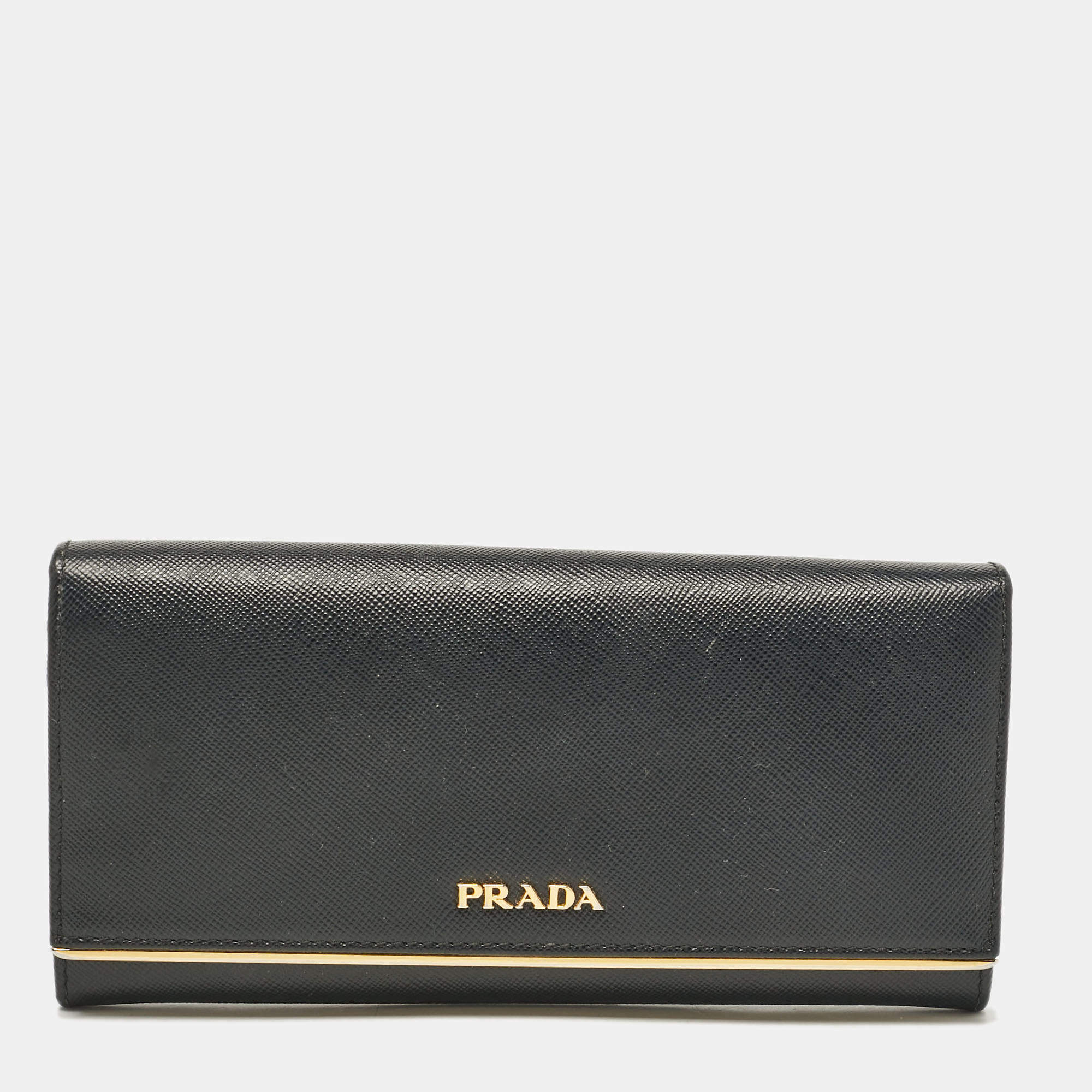 Pre Owned Prada Black Saffiano Leather Metal Bar Continental Wallet