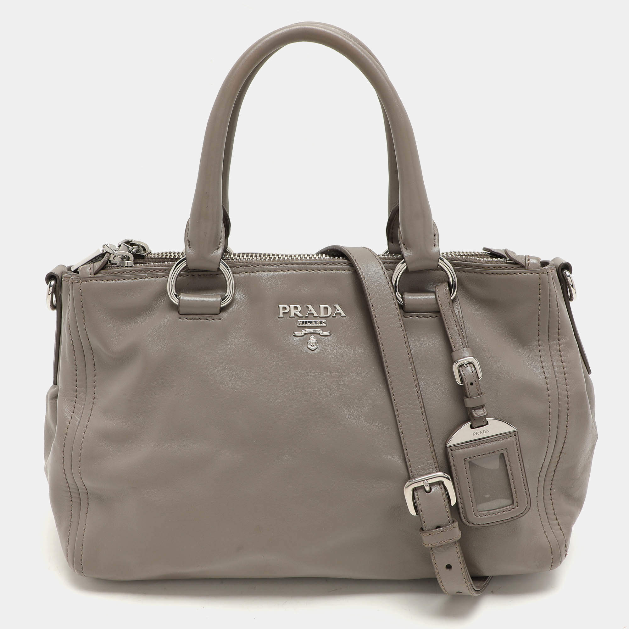 Prada Grey Leather Double Top Zip Satchel