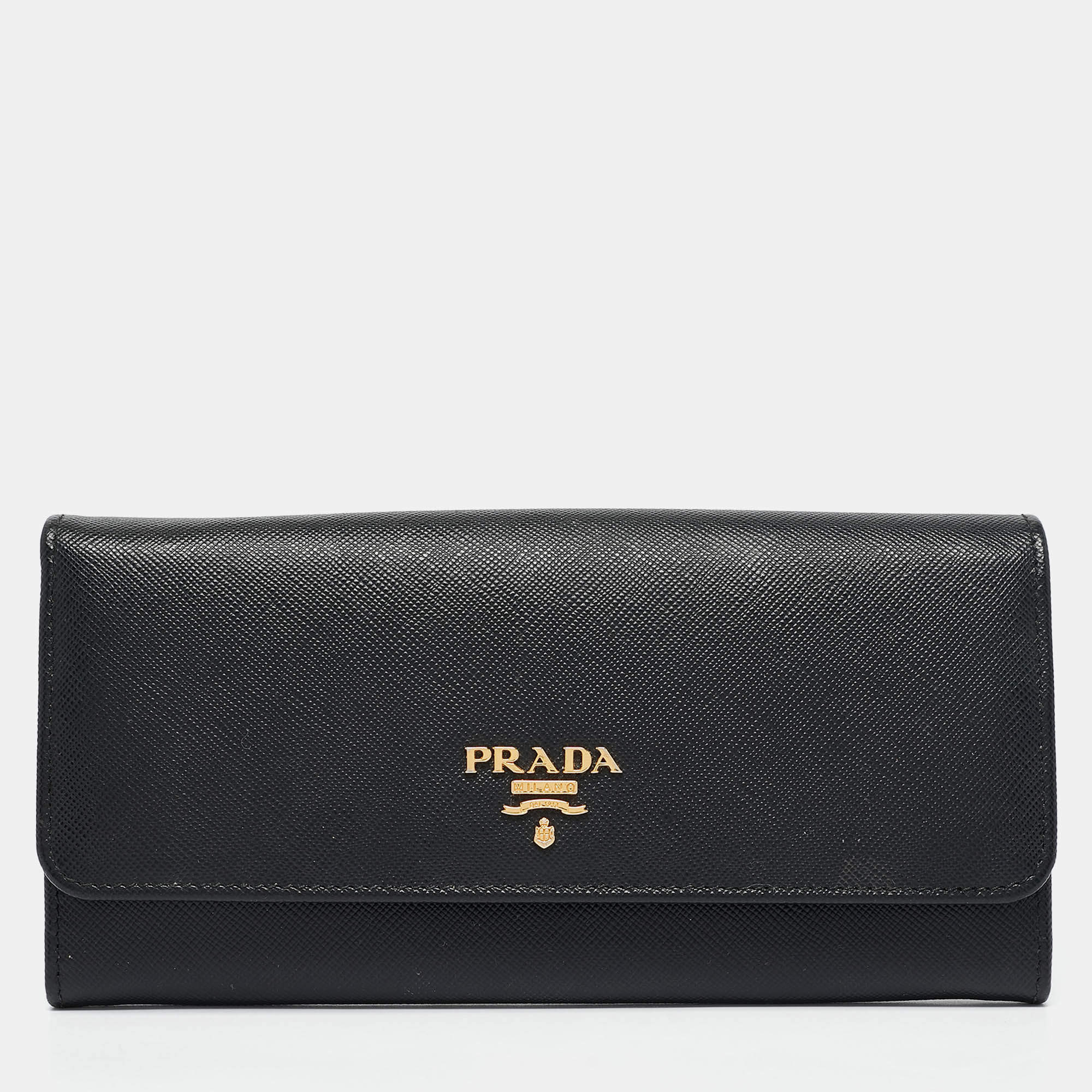 مملوكة مسبقًا Prada Black Saffiano Metal Leather Flap Continental Wallet