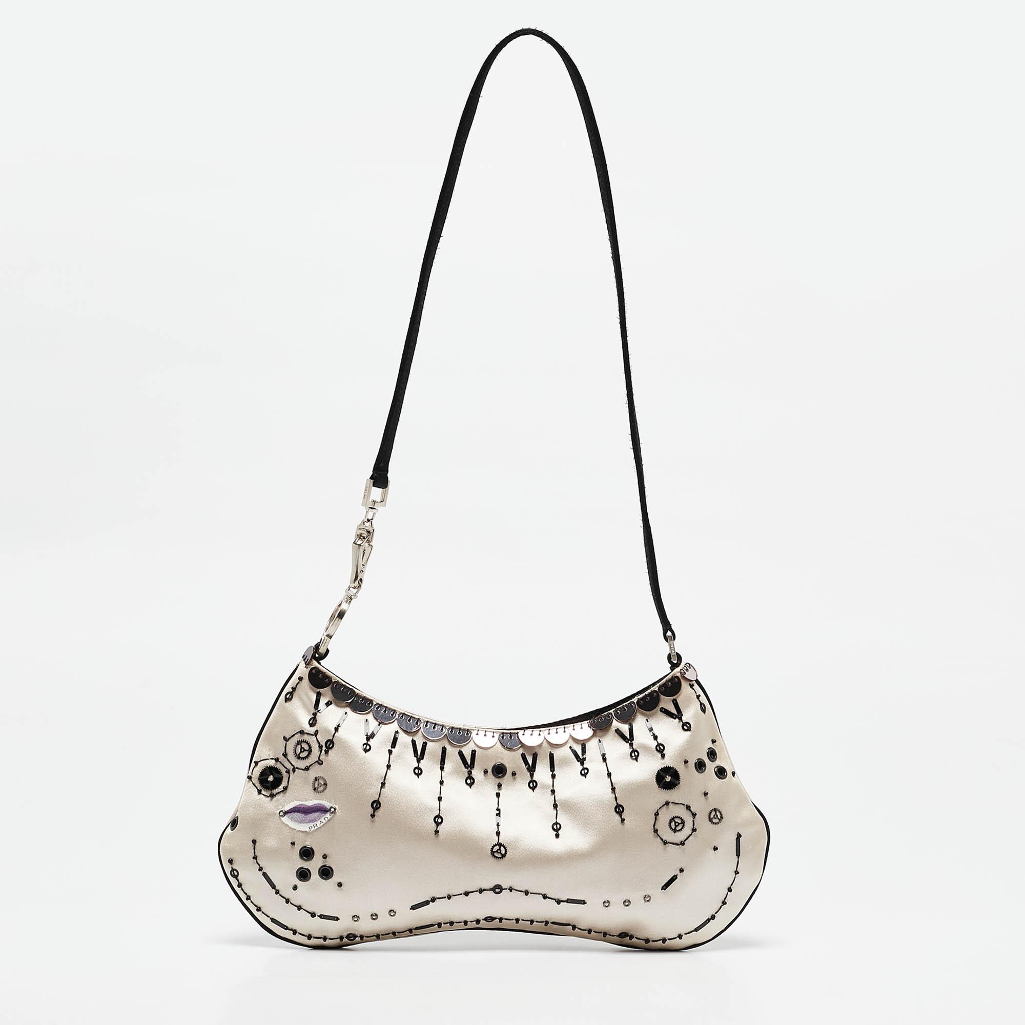 Prada Beige/Black Satin Embellished Baguette Bag