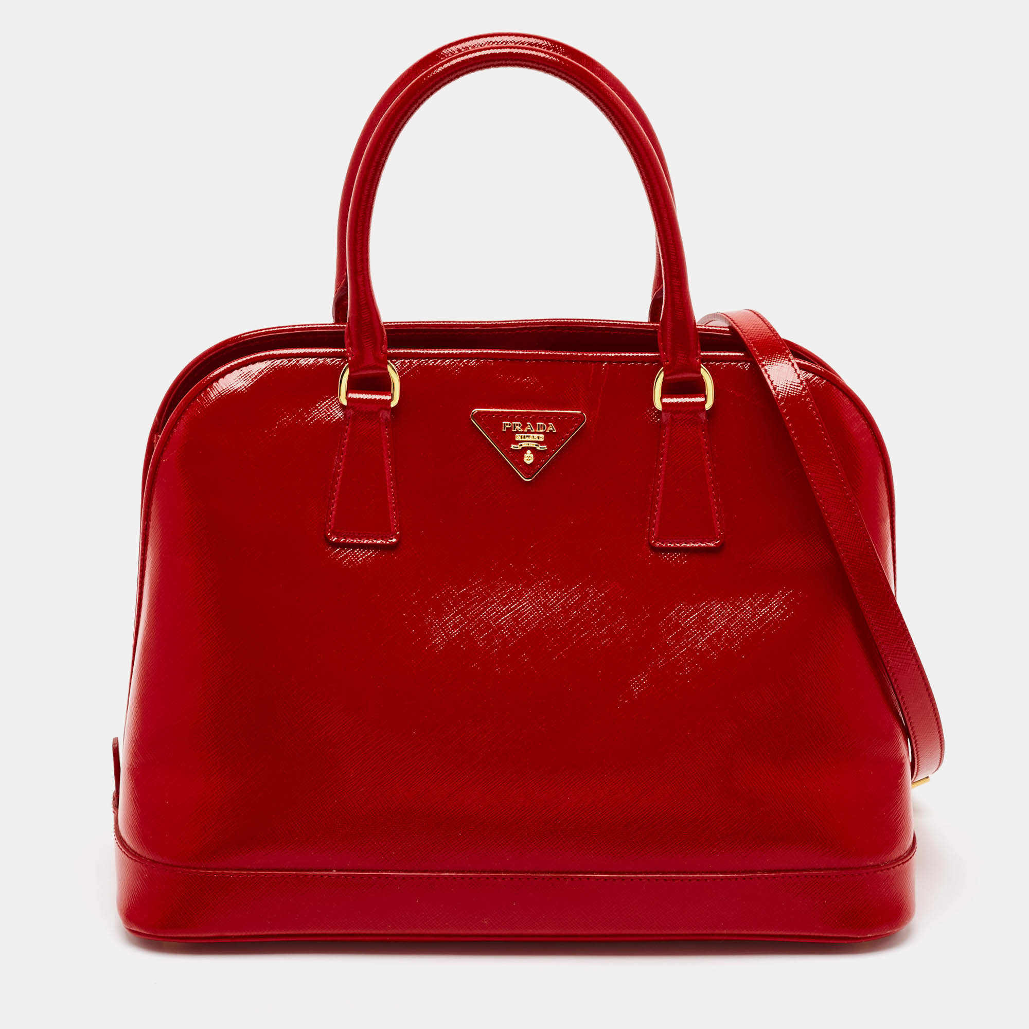 Prada Red Saffiano Lux Patent Leather Medium Promenade Satchel