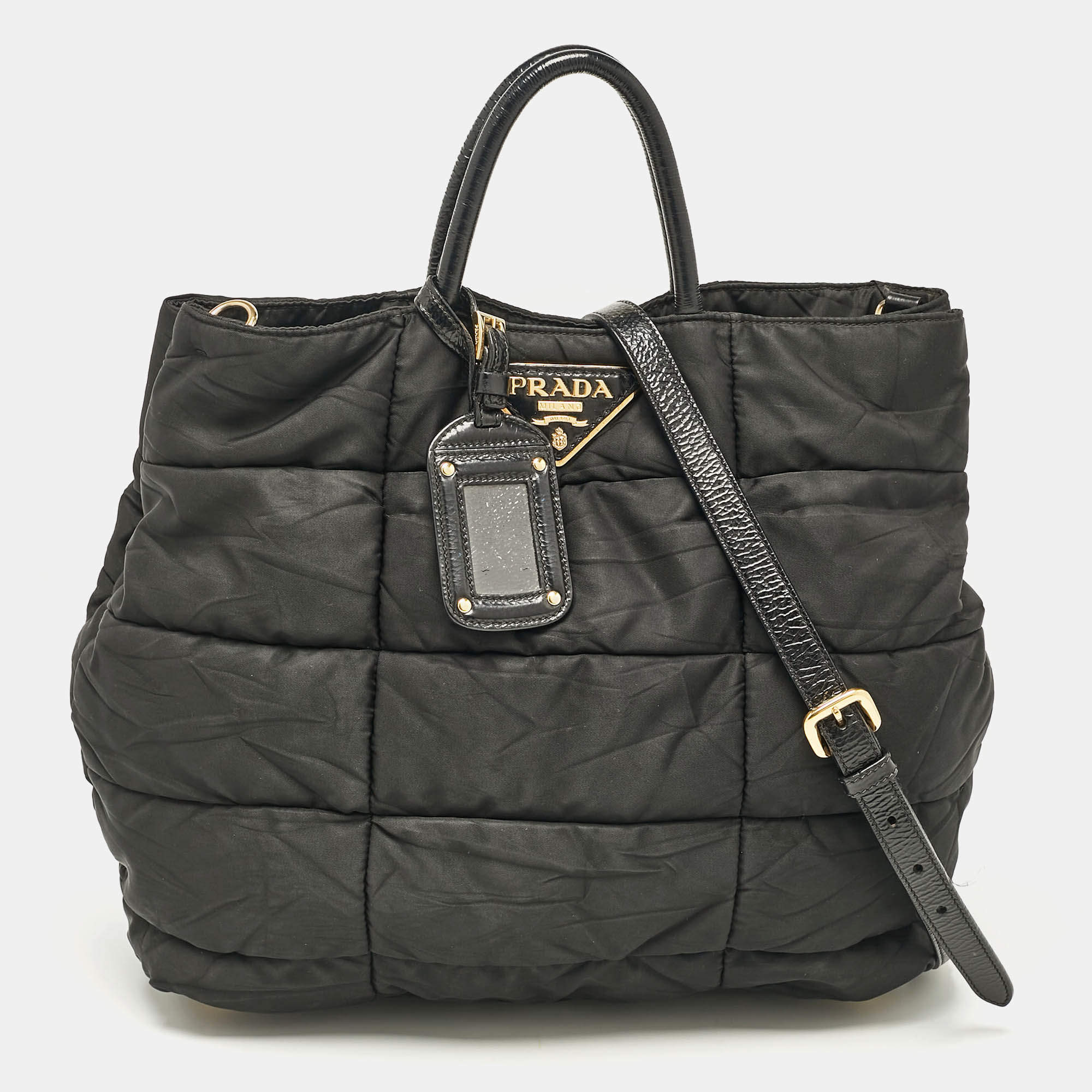 Pre Owned Prada Black Quitted Nylon and Patent Leather Tote