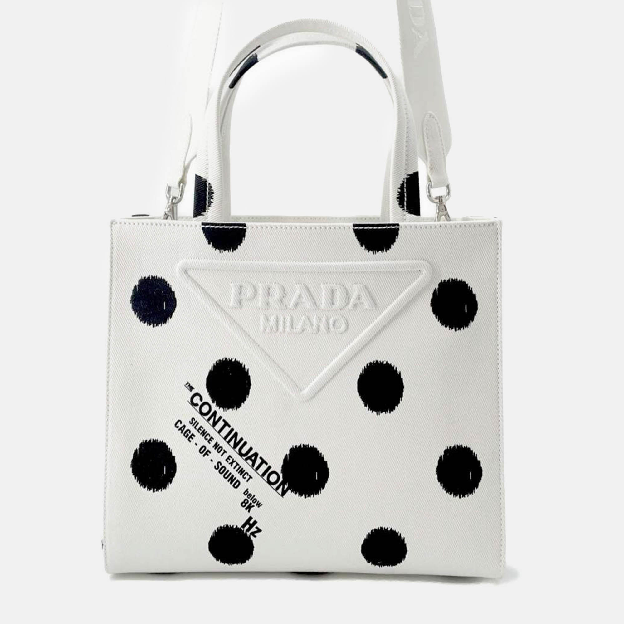 Pre Owned Prada White/Black Canvas Triangle Logo Dot Handbag