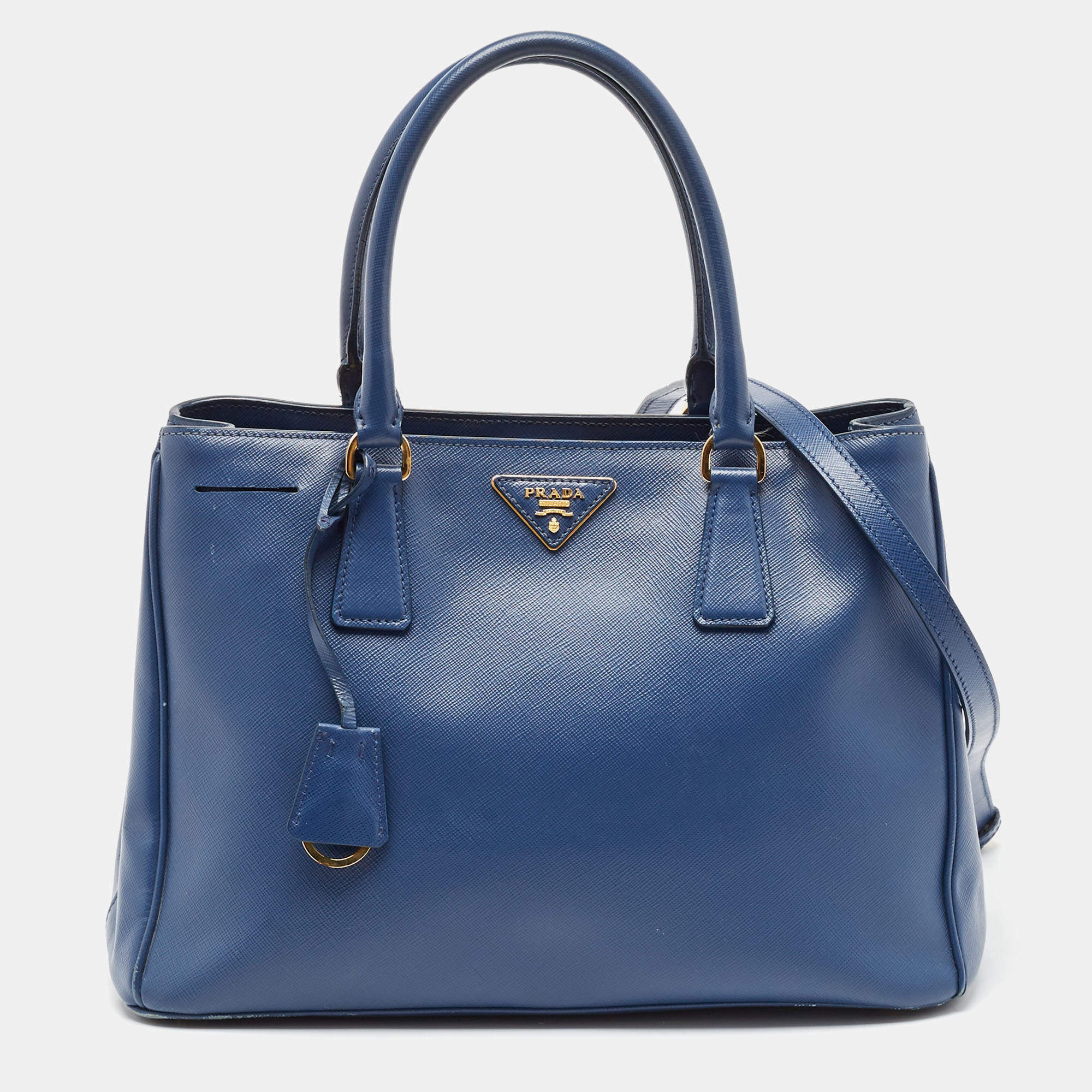 Pre Owned Prada Navy Blue Saffiano Lux Leather Medium Double Zip Tote
