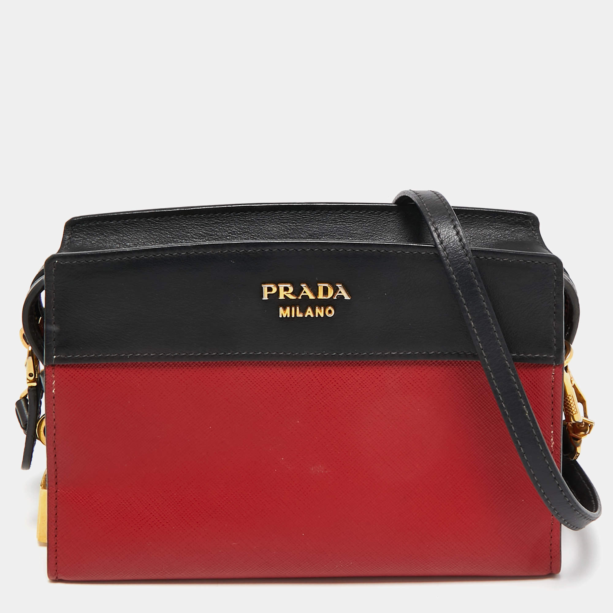 Pre Owned Prada Red/Black Saffiano and City Leather Esplanade Crossbody Bag