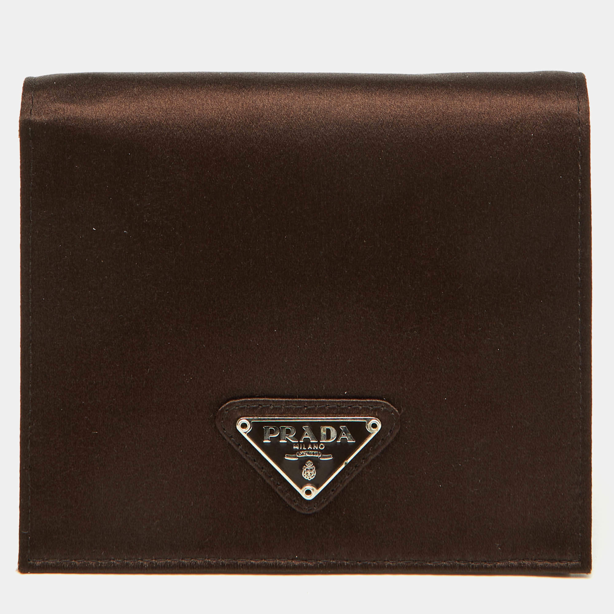 Pre Owned Prada Dark Brown Satin Triangle Logo Compact Bifold Wallet