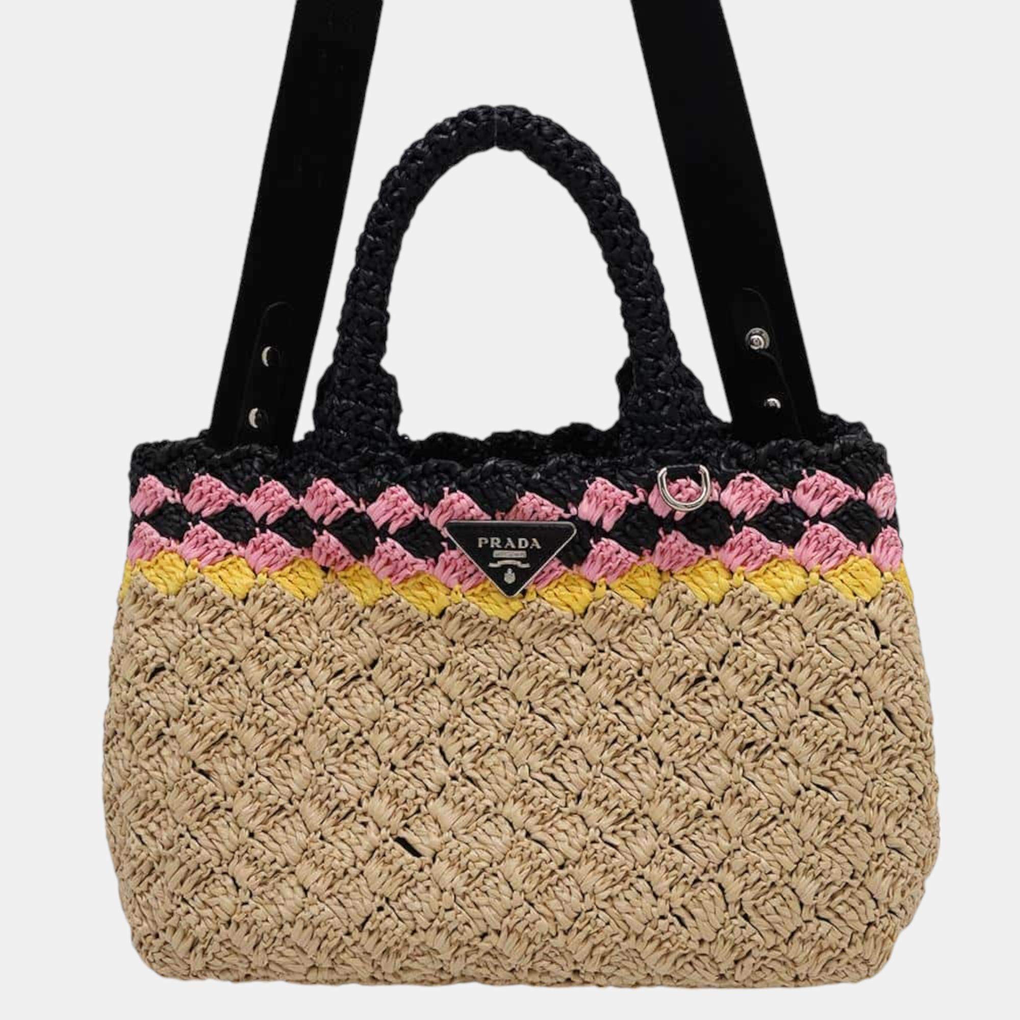 Prada Beige/Black Raffia Canapa handbag
