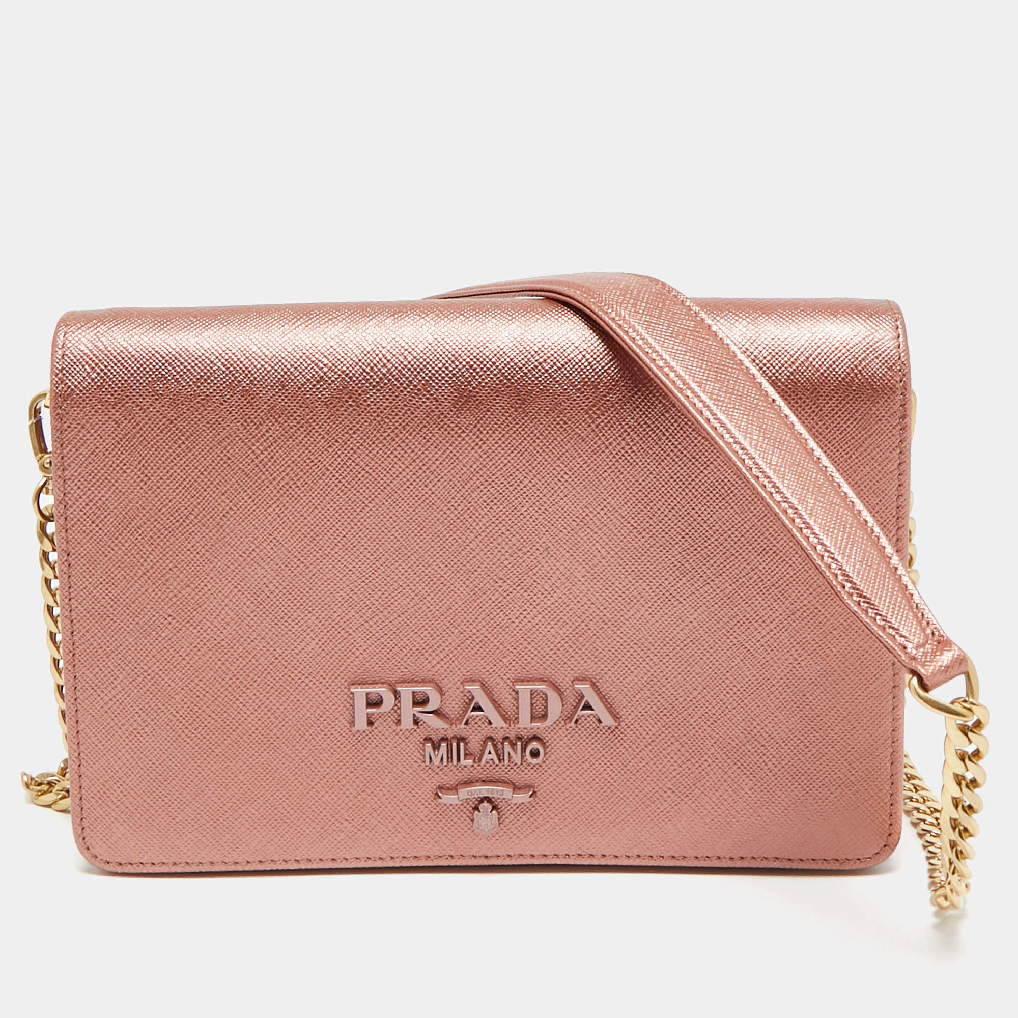 Prada Rose Gold Saffiano Lux Leather Flap Clutch Bag