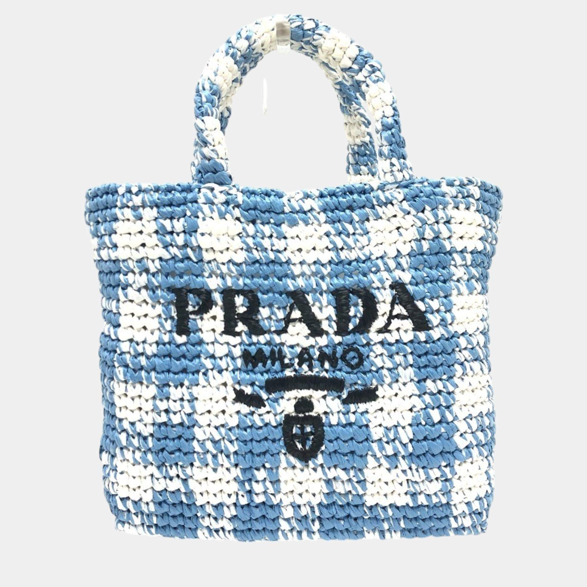 トートバッグ PRADA SKY BLUE/CARAMEL CROCHET TOTE BAG WITH LOGO Prada Sky blue/caramel crochet tote bag with logo | TheDoubleF