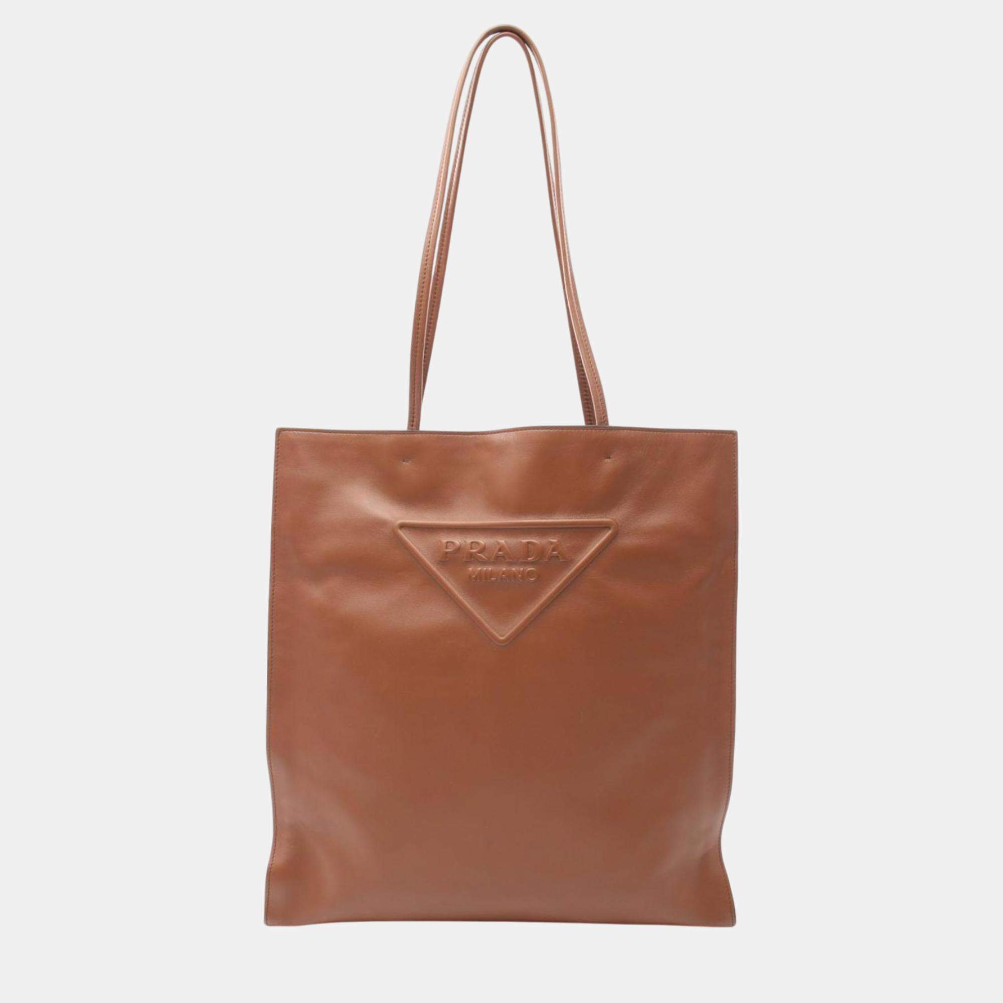 Prada Leather Brown Triangle Tote Bag