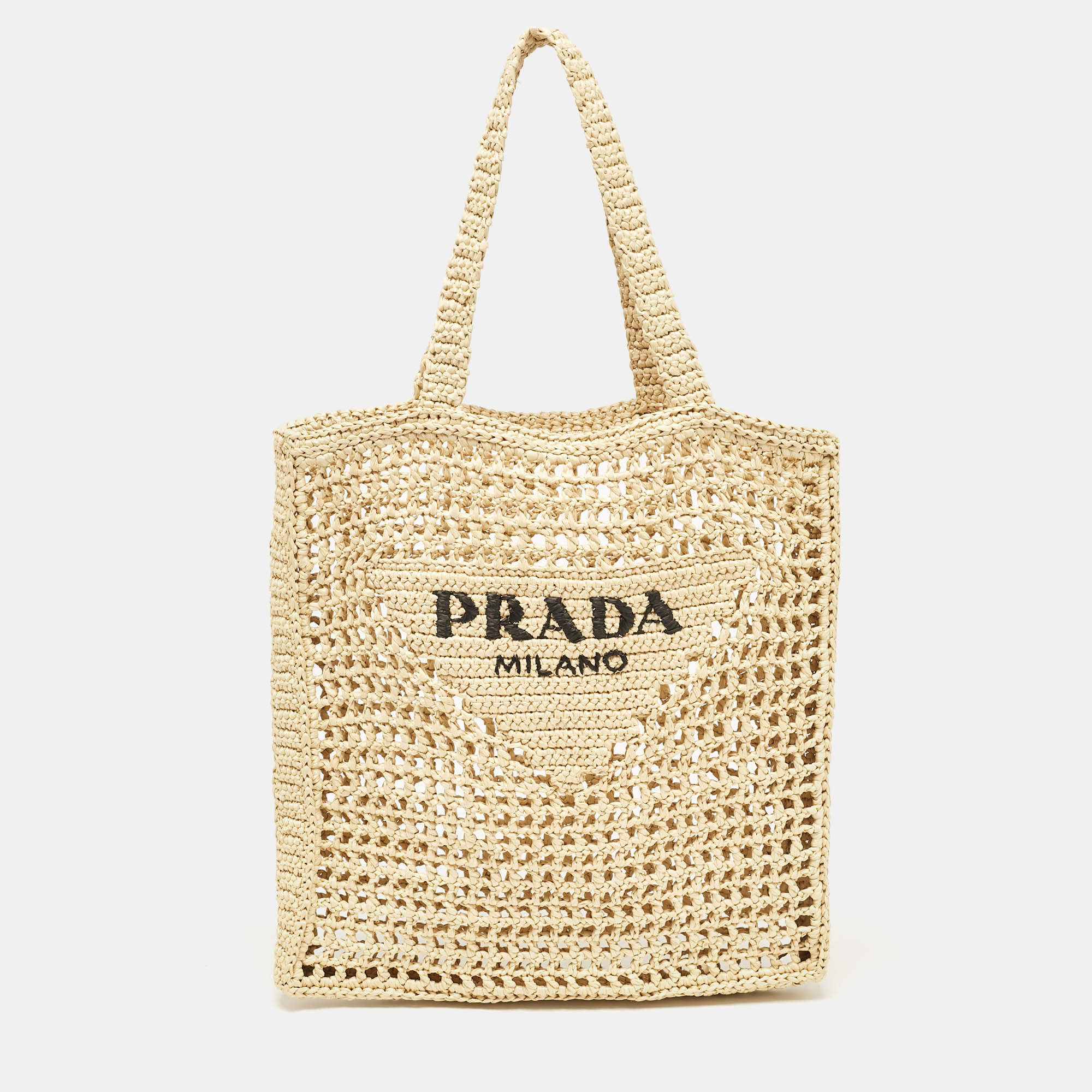 Pre Owned Prada Natural Straw Crochet Logo Vertical Tote