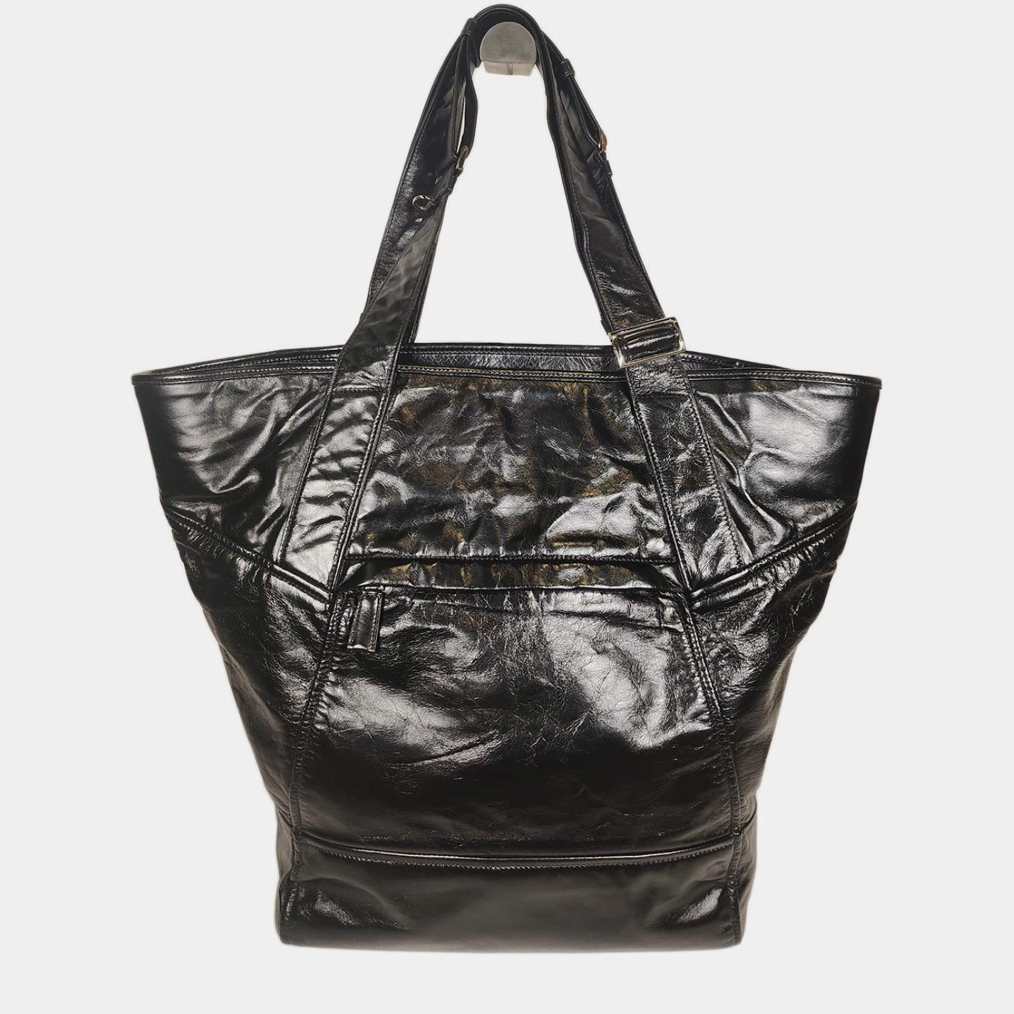 Prada Black Leather Triangle Logo Tote Bag