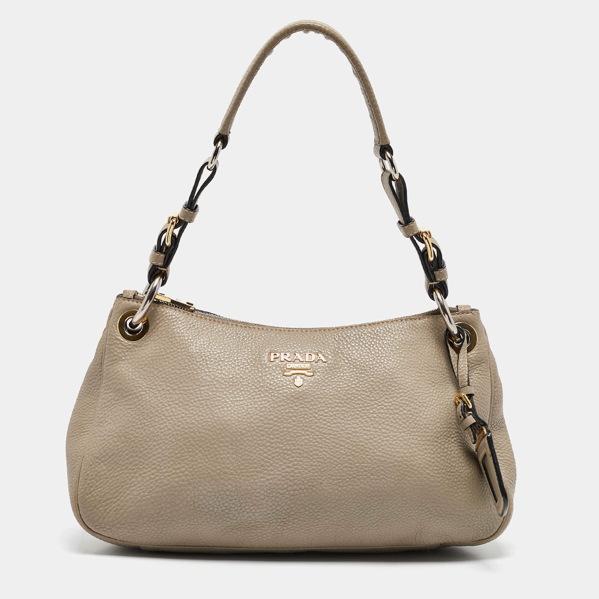 Prada Grey Vitello Daino Leather Logo Hobo