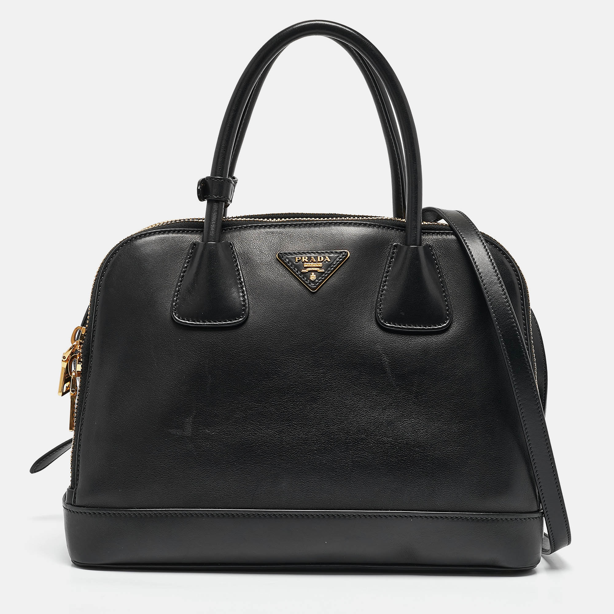 Prada Black Soft Calf Leather Double Zip Satchel