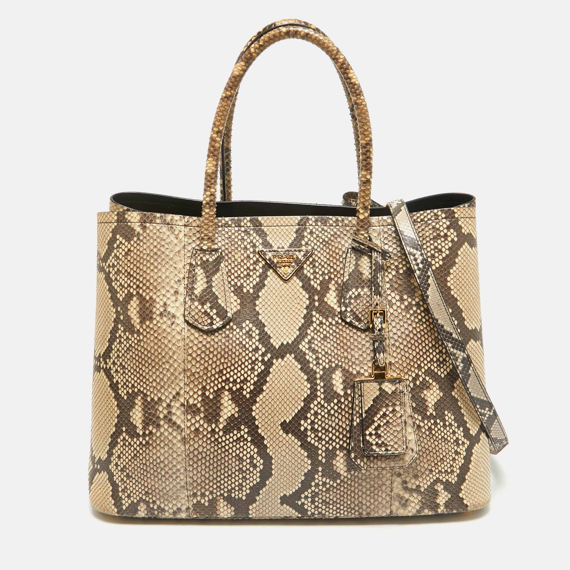 Pre Owned Prada Beige Python Medium Double Handle Tote