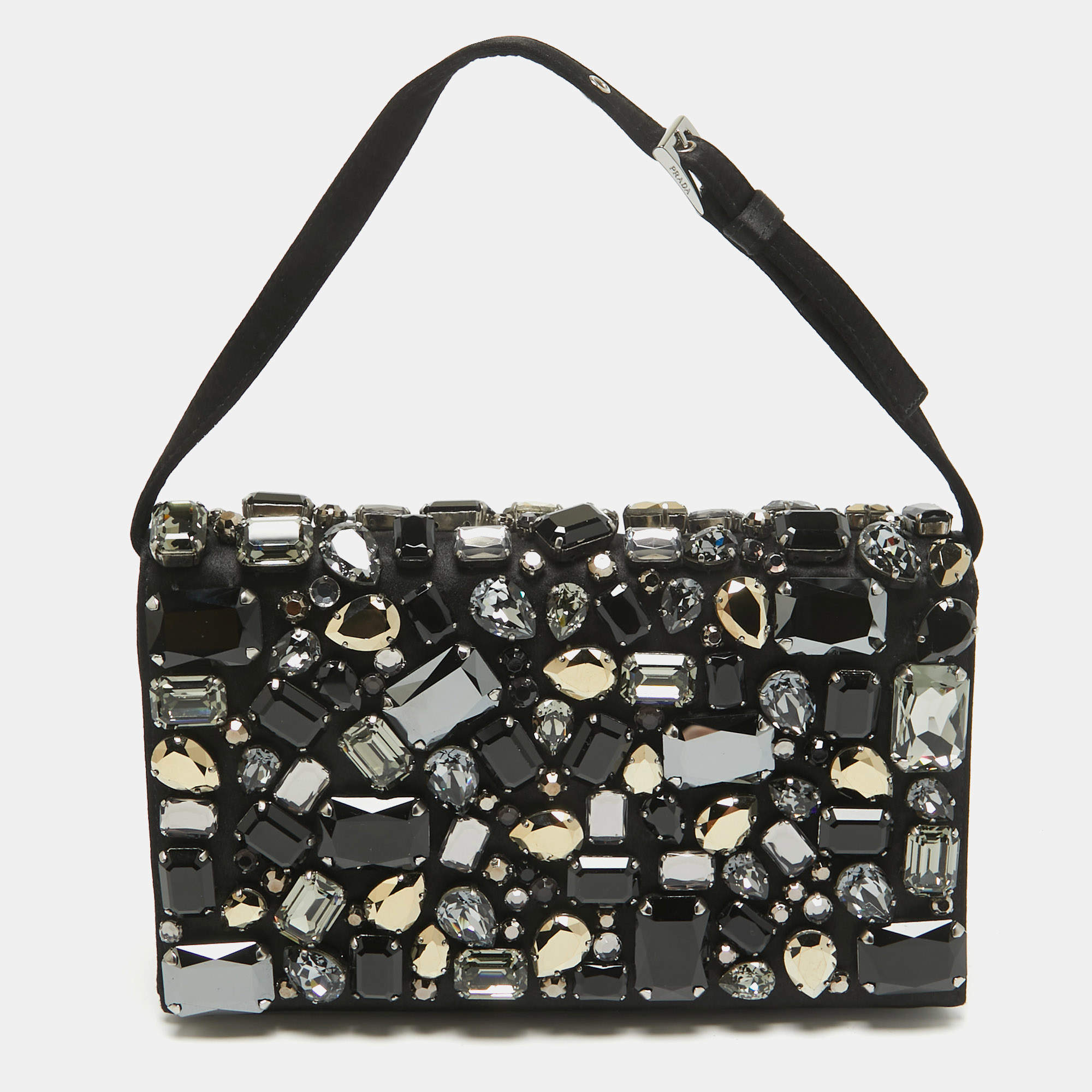 Prada Black Satin Crystals Embellished Flap Clutch Bag