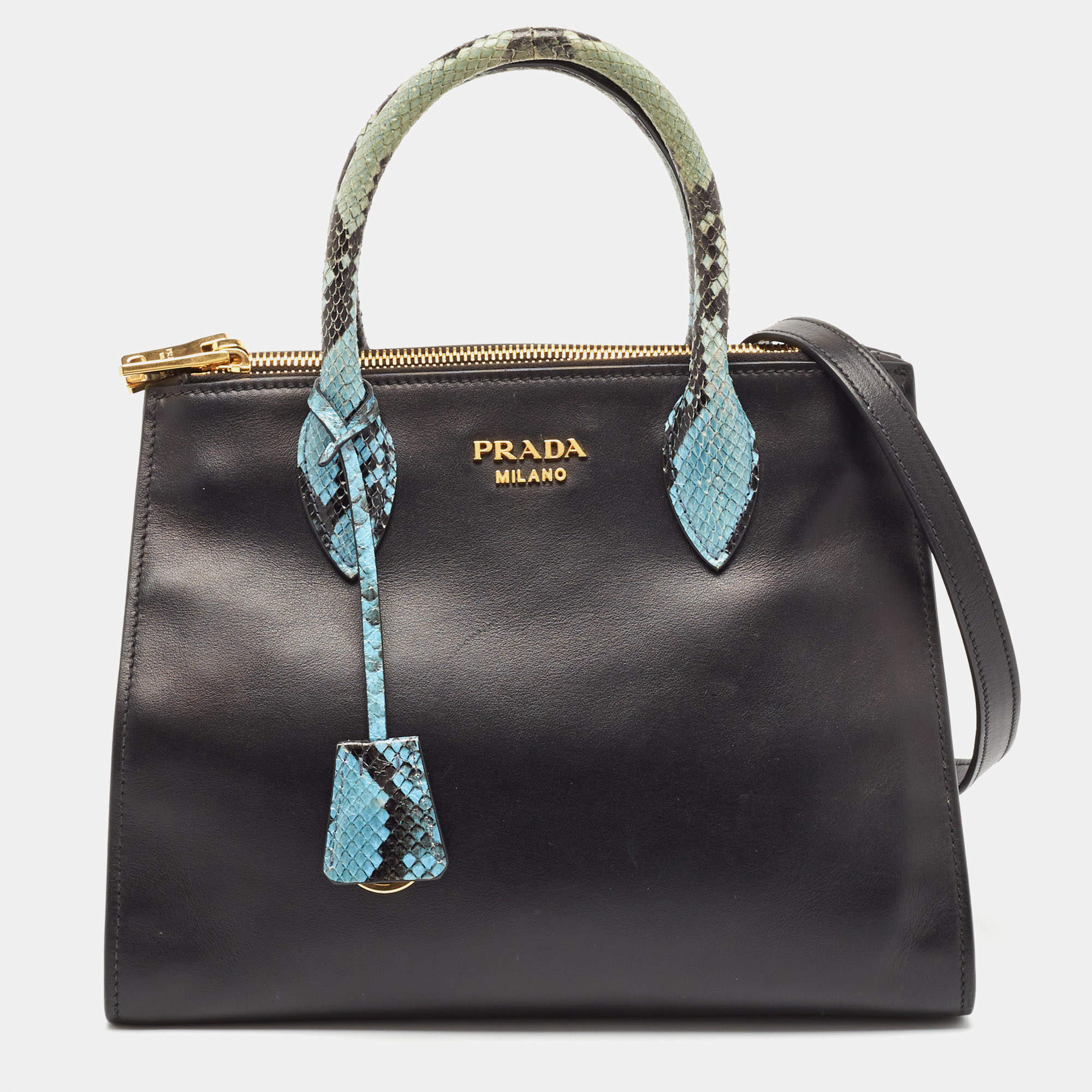Pre Owned Prada Black/Blue Leather and Python Double Zip Tote