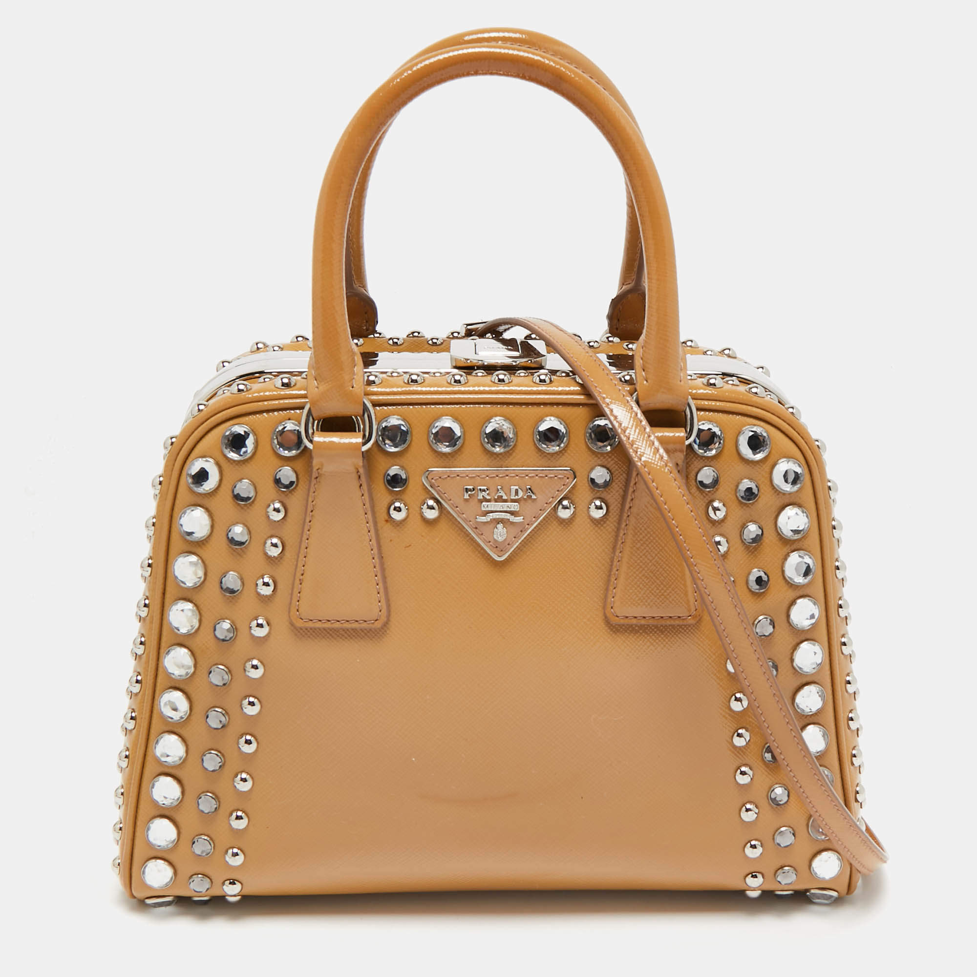 Prada Tan Saffiano Patent Leather Small Studded Pyramid Frame Bag