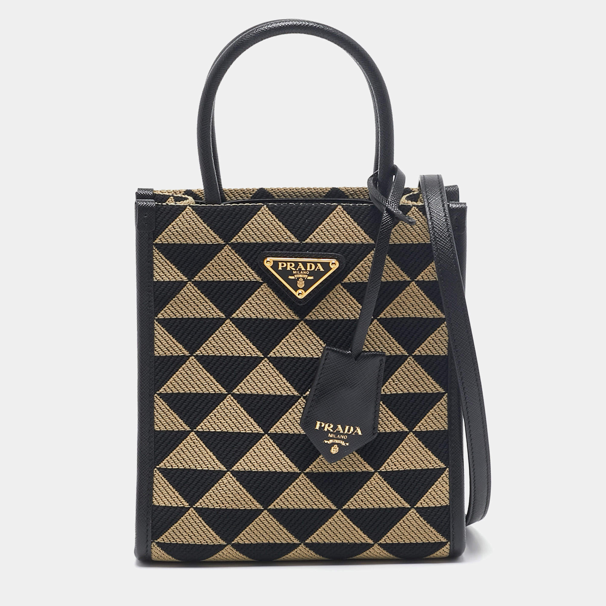 Pre Owned Prada Black/Cream Jacquard Fabric Symbole Embroidered Mini Tote