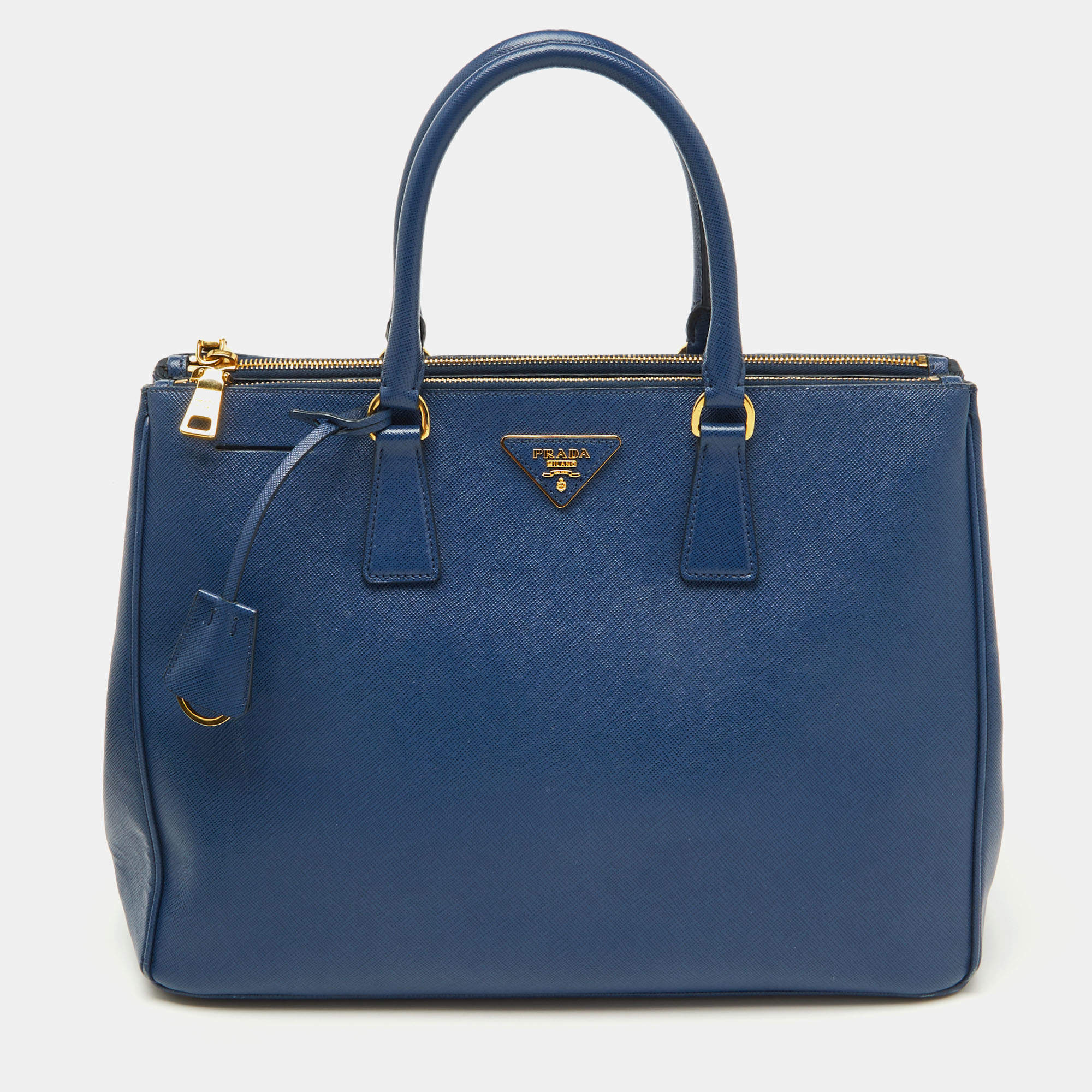 Pre Owned Prada Blue Saffiano Lux Leather Large Double Zip Tote