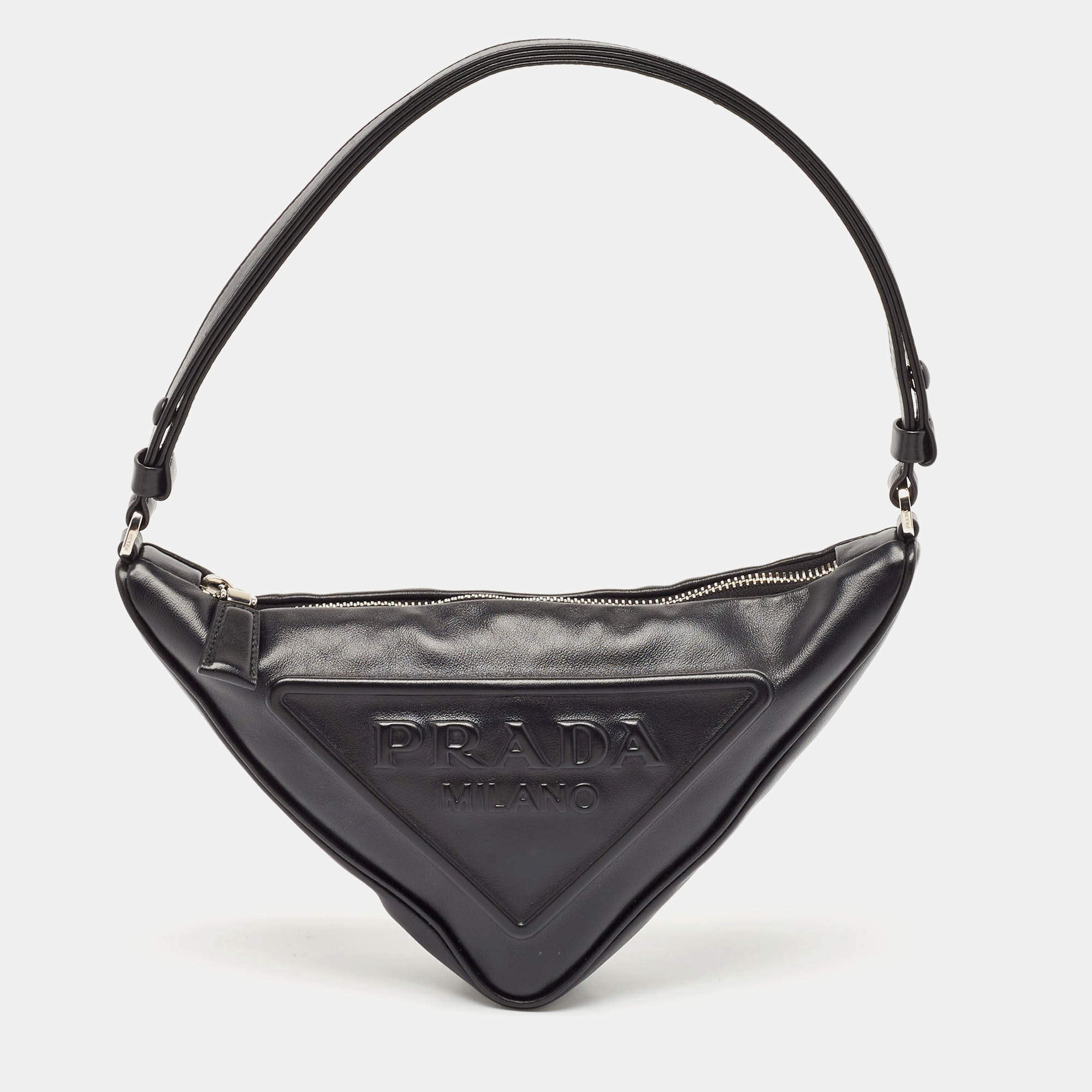 Pre Owned Prada Black Leather Triangle Logo Shoulder Bag