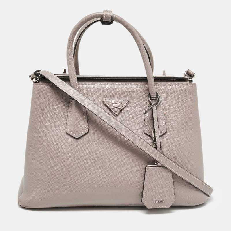 Pre Owned Prada Grey Saffiano Cuir Leather Turnlock Twin Tote