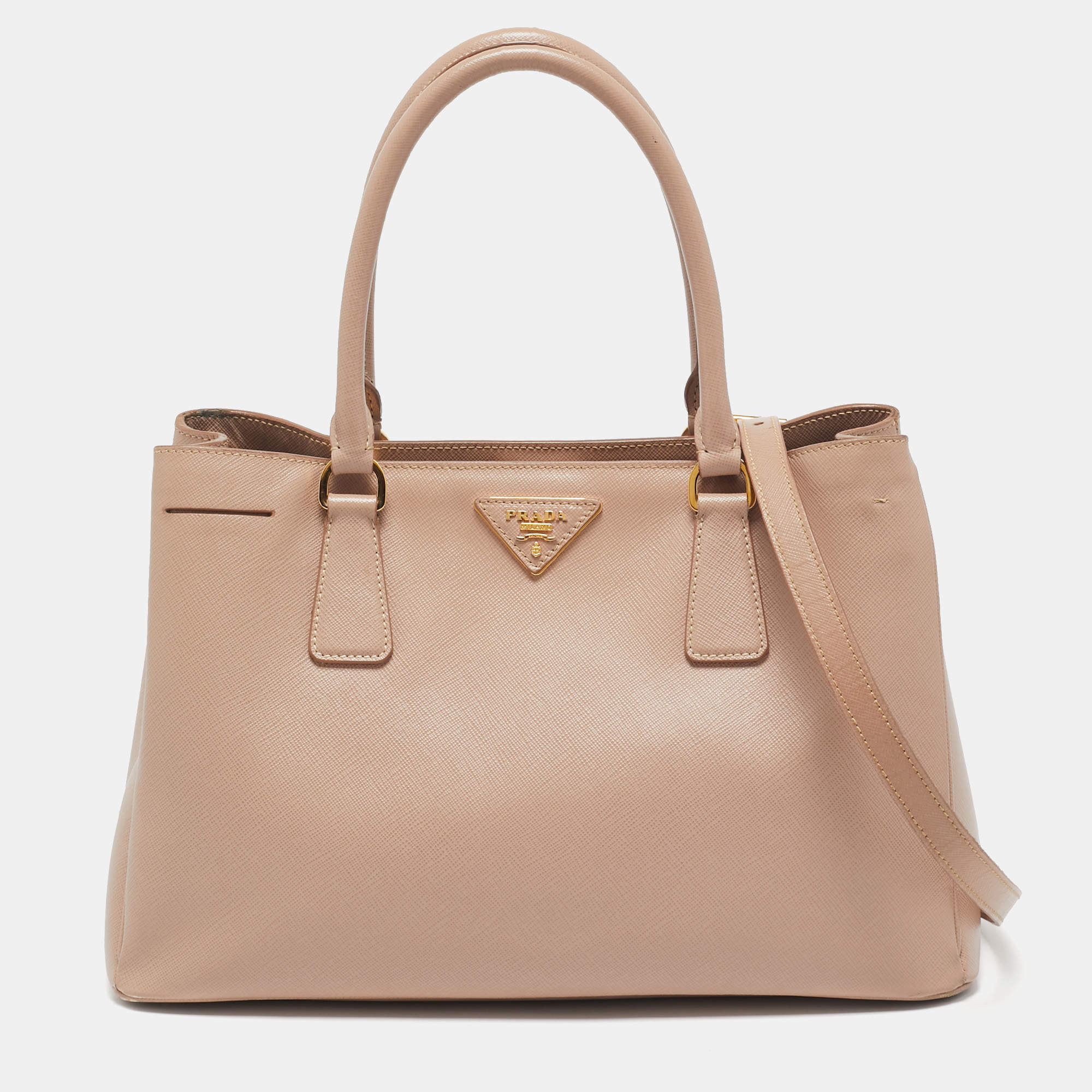 Pre Owned Prada Beige Saffiano Lux Leather Small Middle Zip Tote
