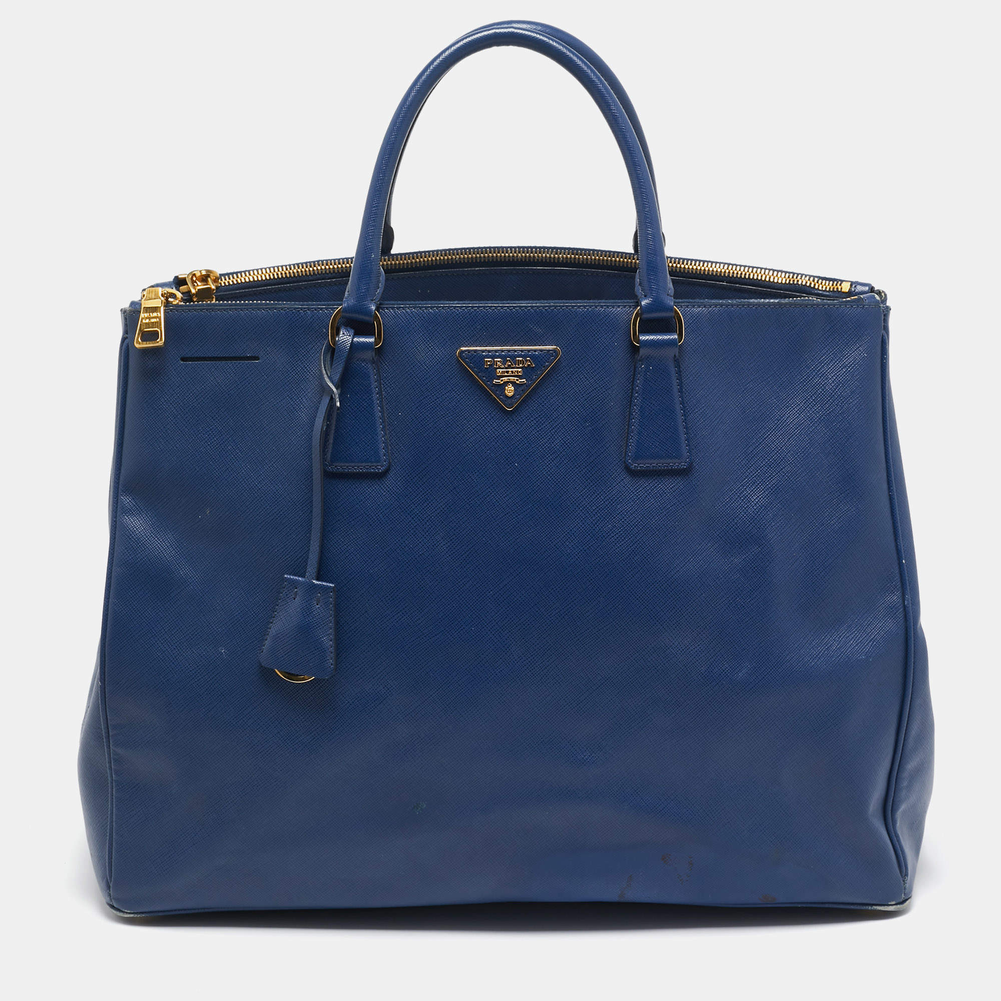 Pre Owned Prada Navy Blue Saffiano Lux Leather Executive Galleria Double Zip Tote