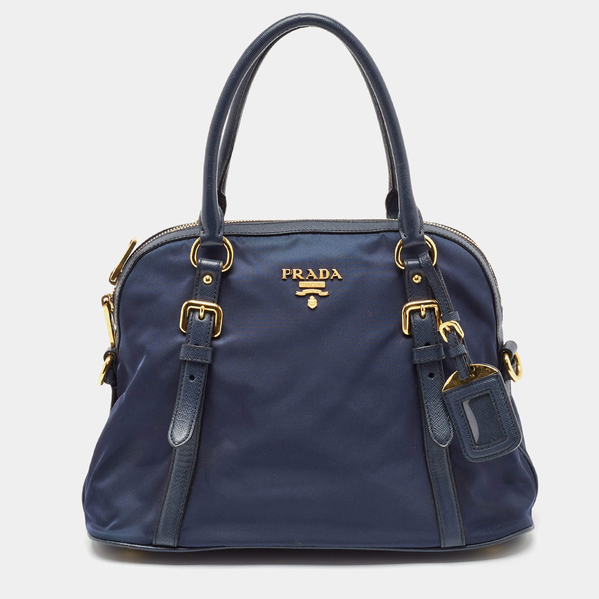Prada Blue Nylon And Leather Zip Dome Satchel