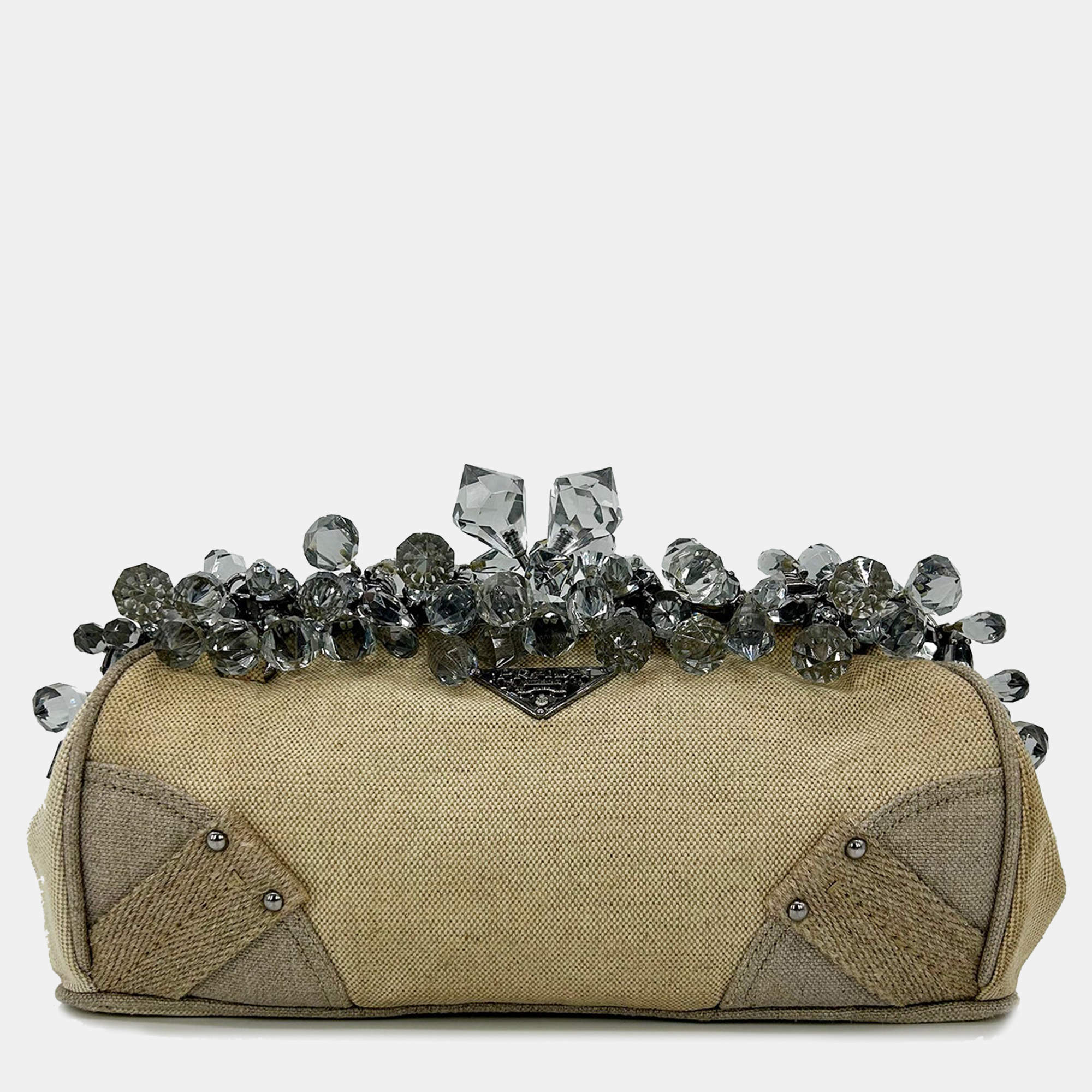 Prada Mistolino Natural Canvas Crystal Beaded Top Pochette