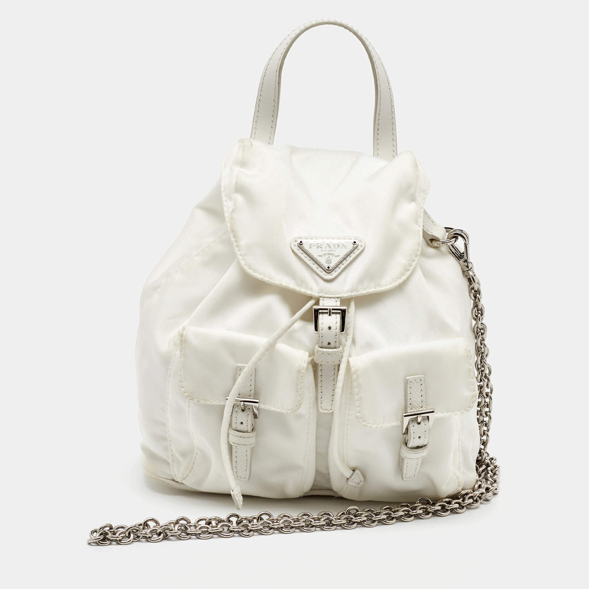 Prada White Nylon Logo Mini Vela Drawstring Convertible Backpack